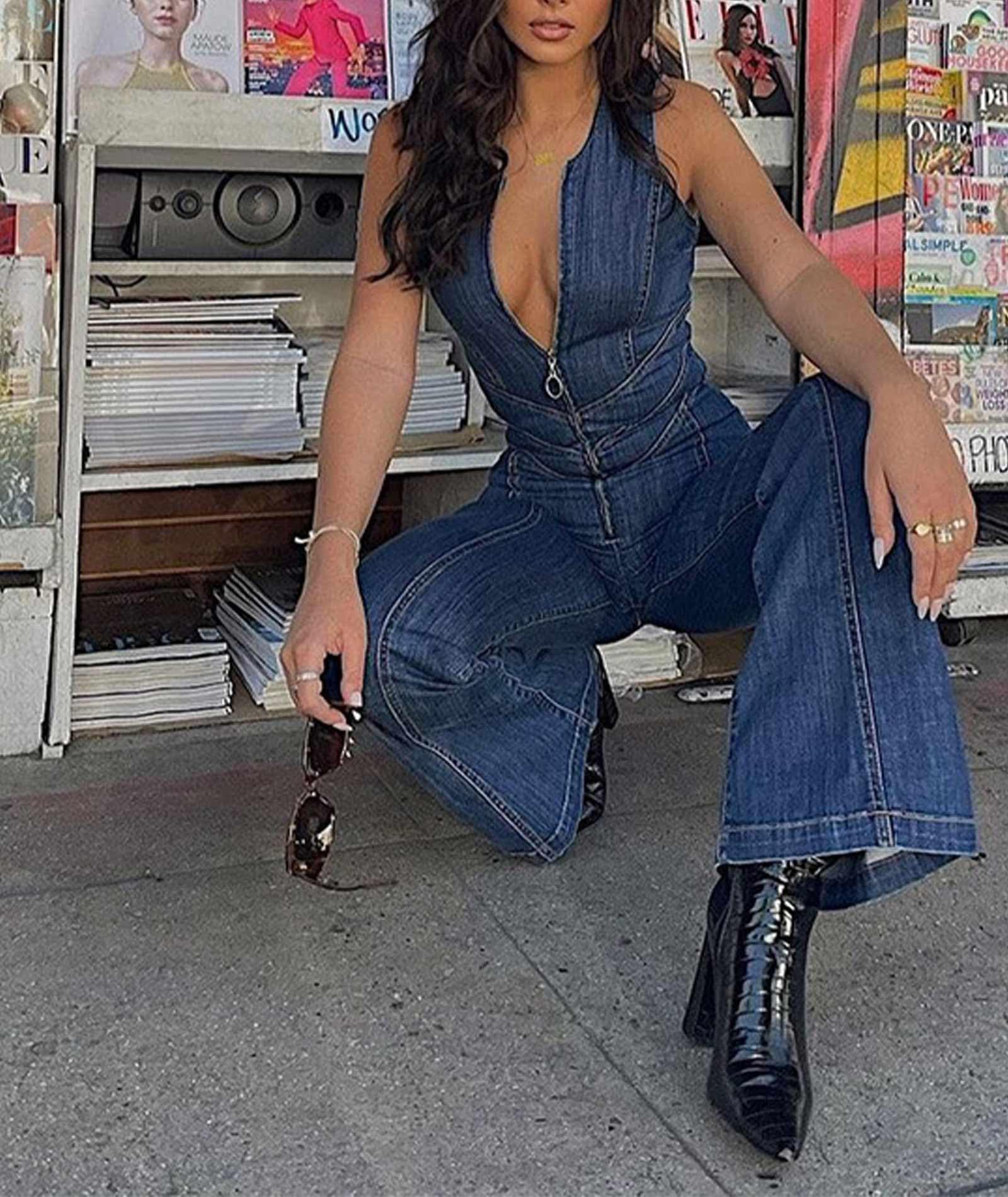Combinaison en denim pour femme - Fermeture éclair sur le devant - Col en V profond - Sexy - Sans manches