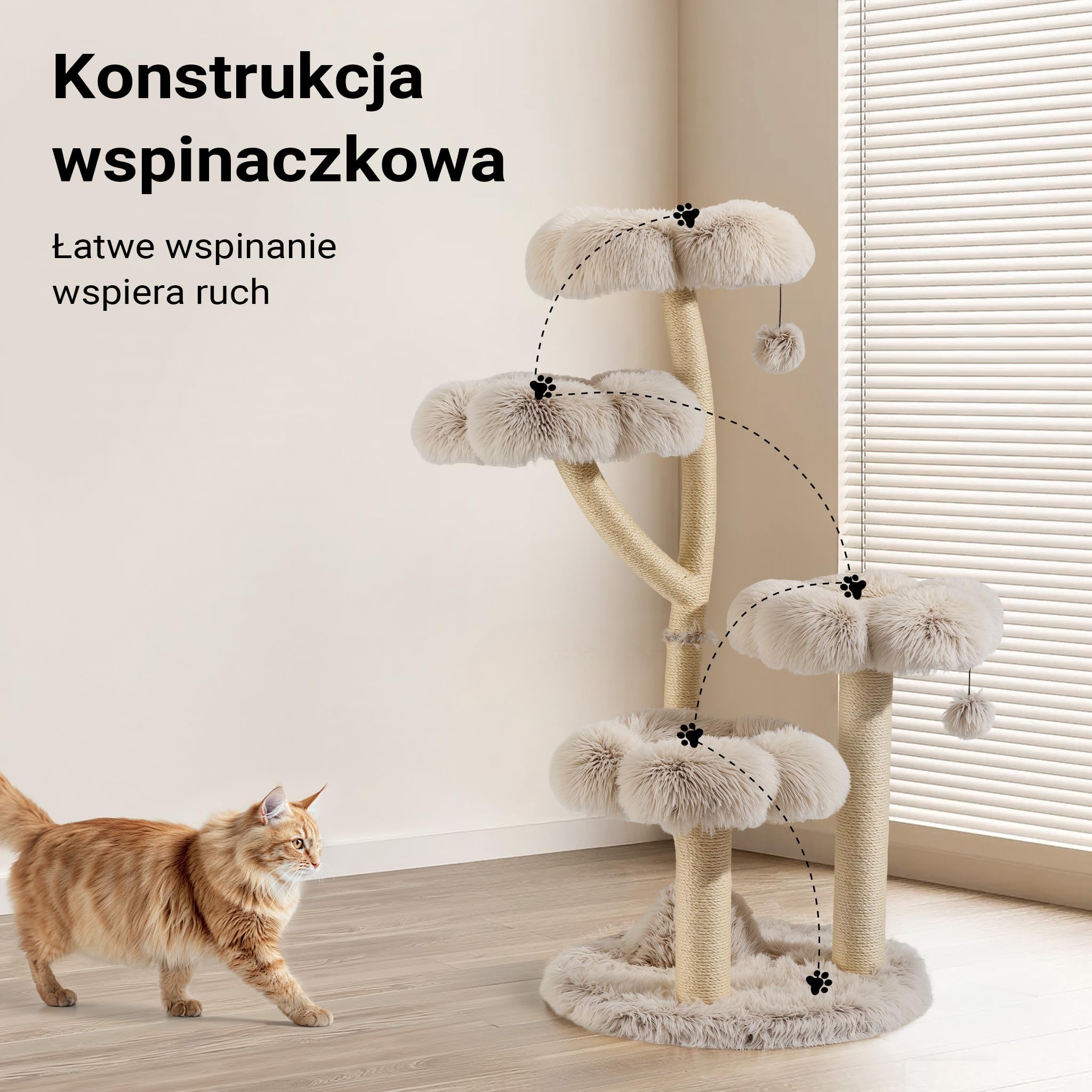Fudajo Drapak dla kota designerski 59 x 59 x 123 cm, koci domek z pluszem i sizalem, drzewko dla kotów, z piłeczkami do zabawy