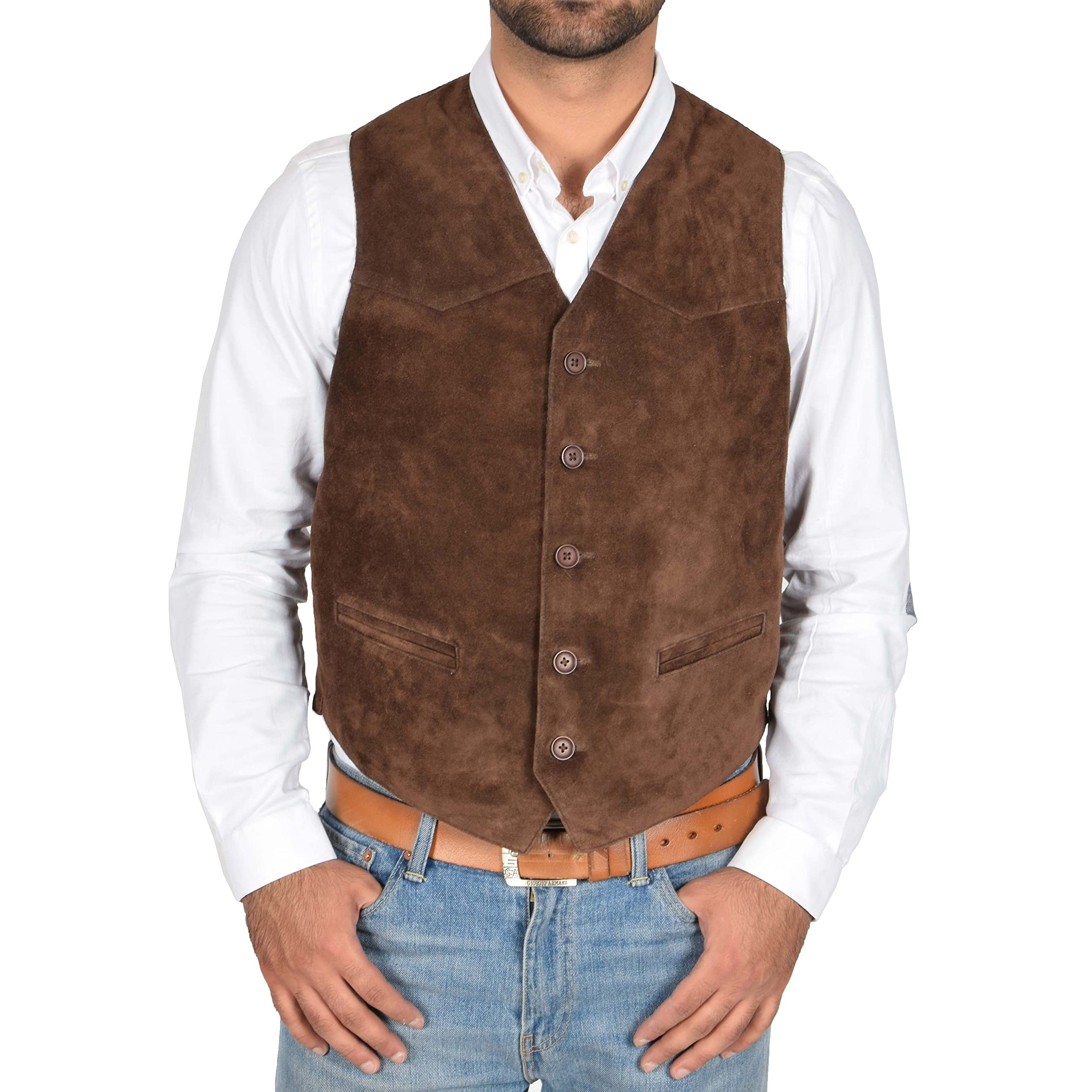 Divergent Retail Men's Brown James Leather Suede Cowboy Waistcoat (Uk, Alpha, Xl, Regular, Regular)