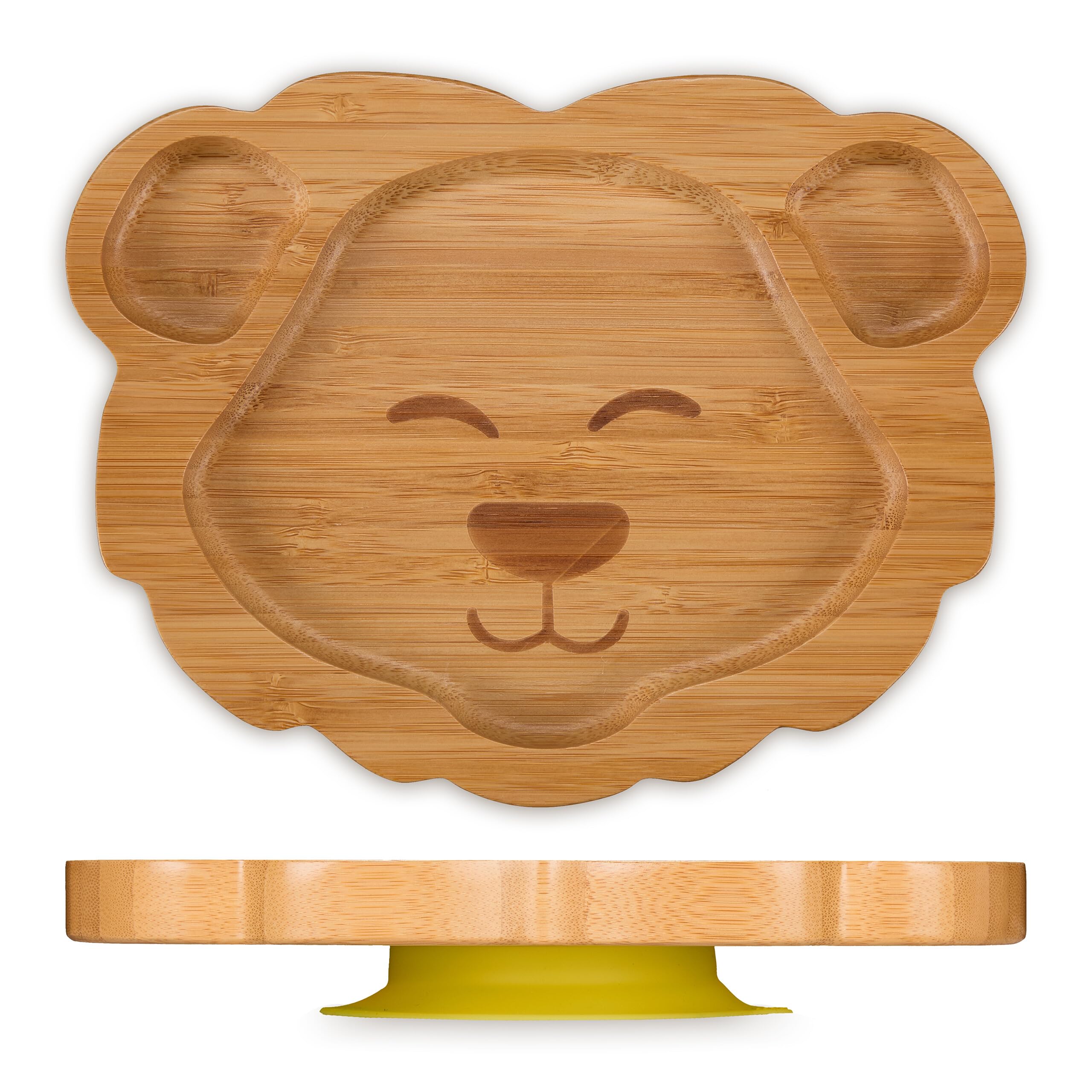 Relaxdays Piatto con Ventosa per Bambini, Piattino Pappa Svezzamento Neonati, Senza BPA, Forma Leone in bambù, Naturale