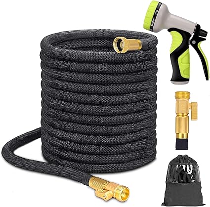 Higen 50ft Expandable Garden Hose Set, Extra Strength Fabric Triple Layer Latex Core, 3/4 Solid Brass Fittings, 9 Function Spray Nozzle with Storage ...