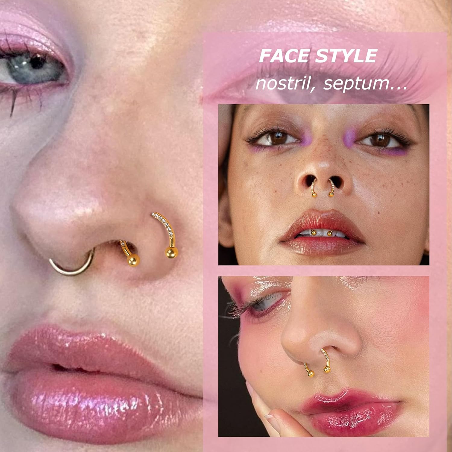 BodyBonita G23 Titanium Horseshoe Nose Rings Septum 16G with Threaded Piercing Taper/Pick Up Tool/Replacement Balls for Piercings - Circular Barbell/Spike Lip Piercing Helix Daith Jewelry for Women - Image 4