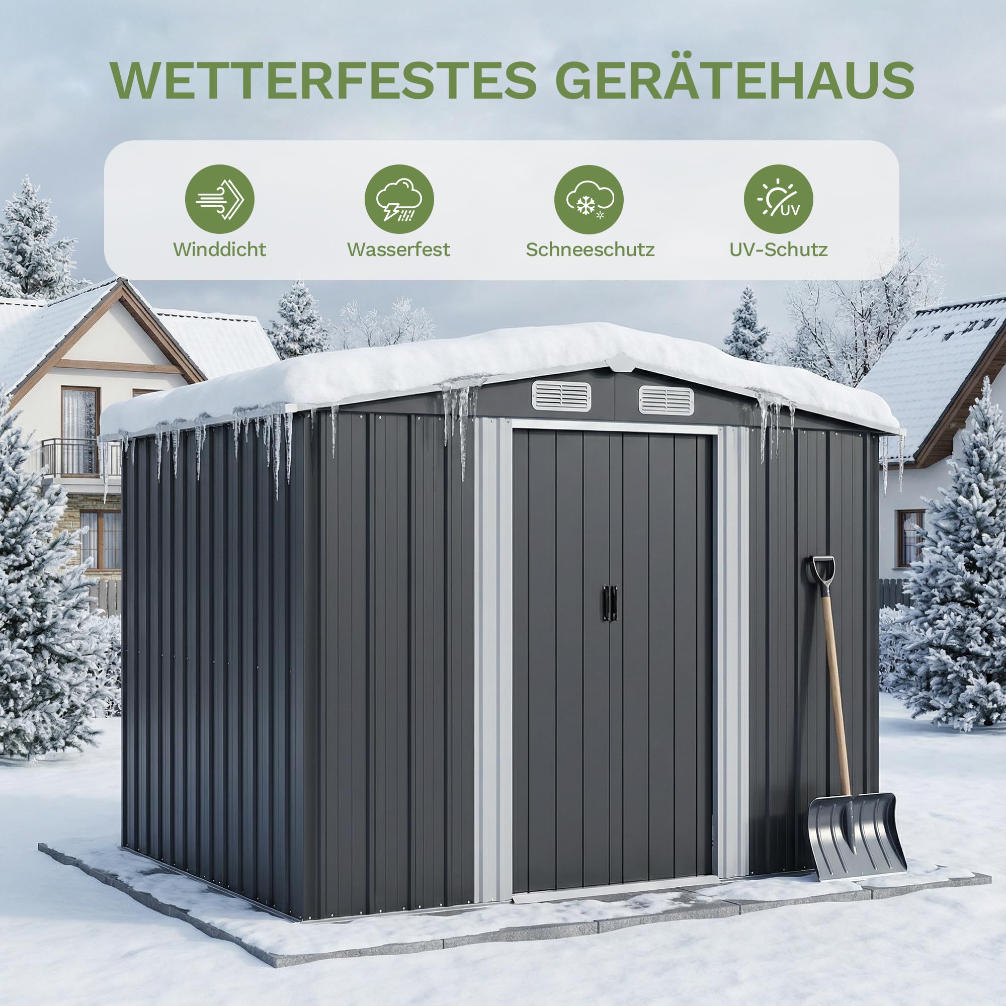 Devoko Gerätehaus Metall Groß, 234 x 200 x 192 cm, 8.9 m³ Geräteschuppen mit Fundament, Schiebtür und Pultdach, Inkl. Handschuhe, Gartenschuppen für Rasenmäher Fahrräder, Anthrazit