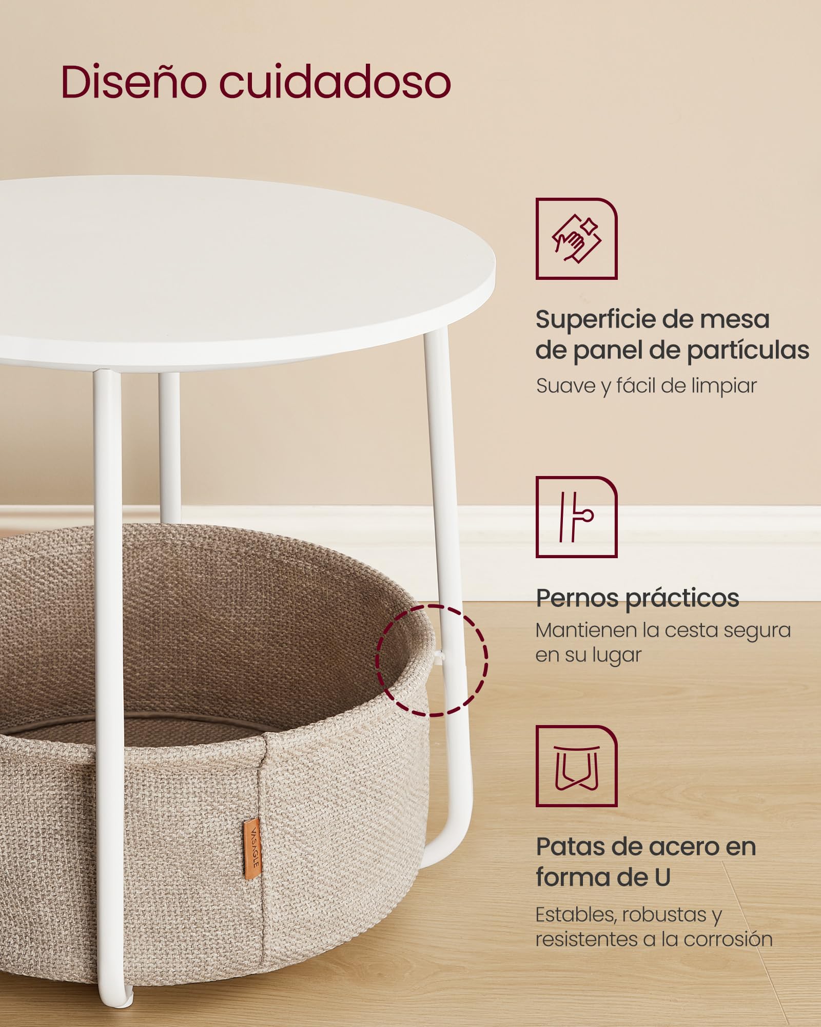 VASAGLE Mesa Auxiliar con lámpara 3 en 1 lámpara de pie con Mesa y Cesta de Tela para salón, mesita de Noche, Bombilla LED, luz y Pantalla Ajustable, Marco de Acero, Blanco Mate LFL004WC04