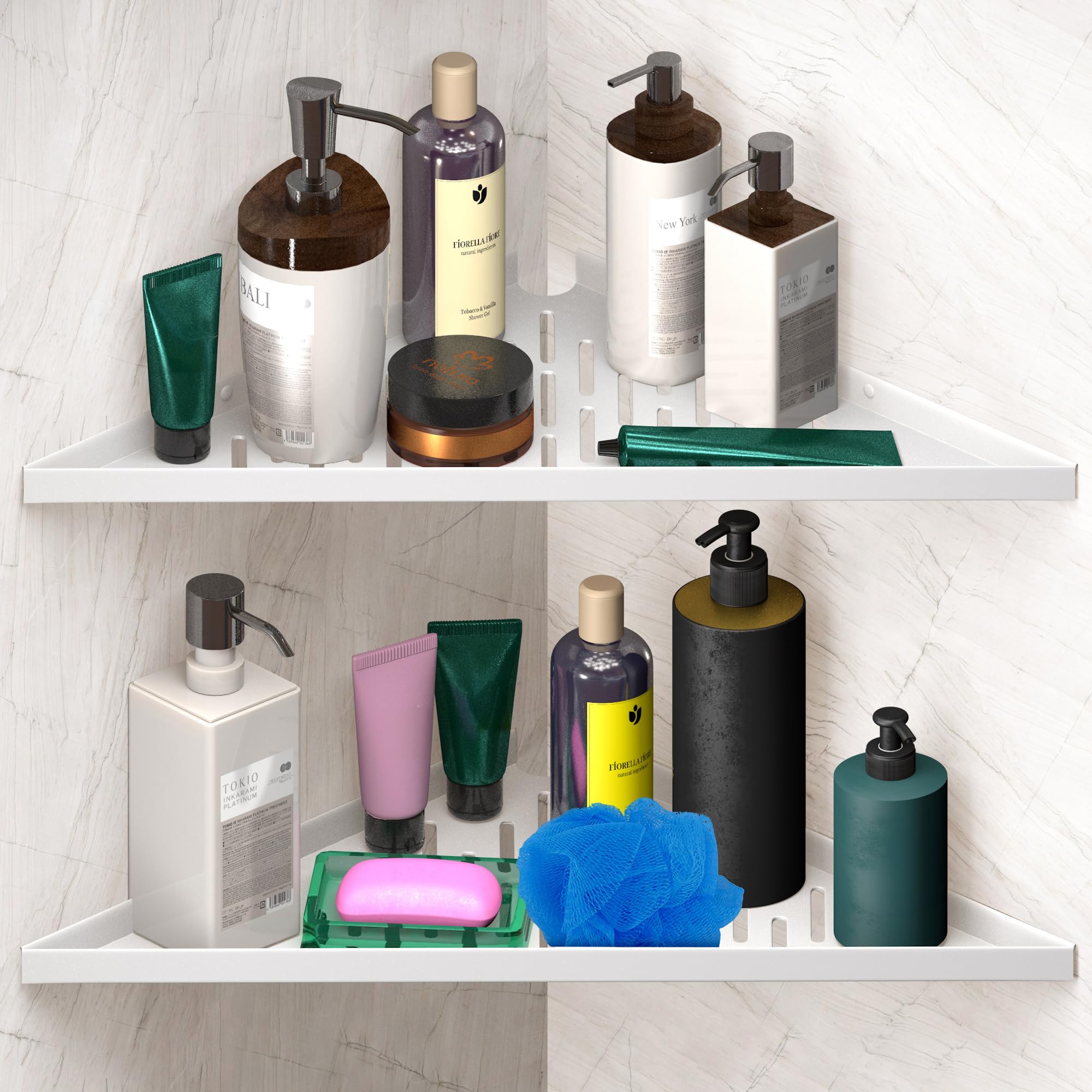 Bathroom Corner Shelves for Shower - Adhesive Stick Drill No Drill - 16 Strong White Floating Corner Shelf
