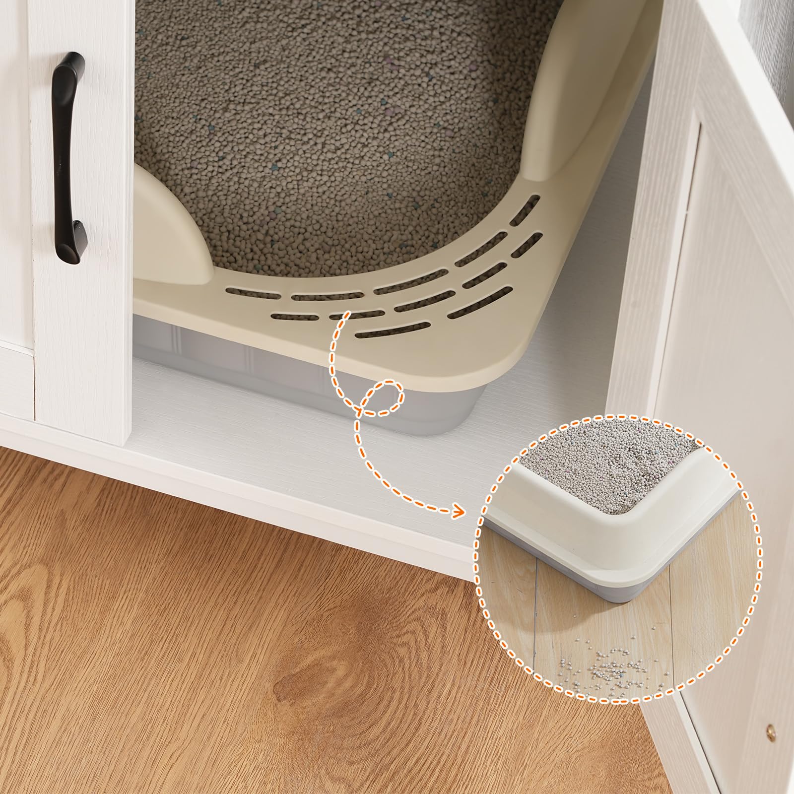 HOOBRO Maison de Toilettes pour Chats, Meuble pour Animaux avec Rangement et Étagère, avec 2 Boules en Peluche Suspendues et 1 Balle de Jeu, Litière pour Chats d'Intérieur, Blanc EWT78MW01