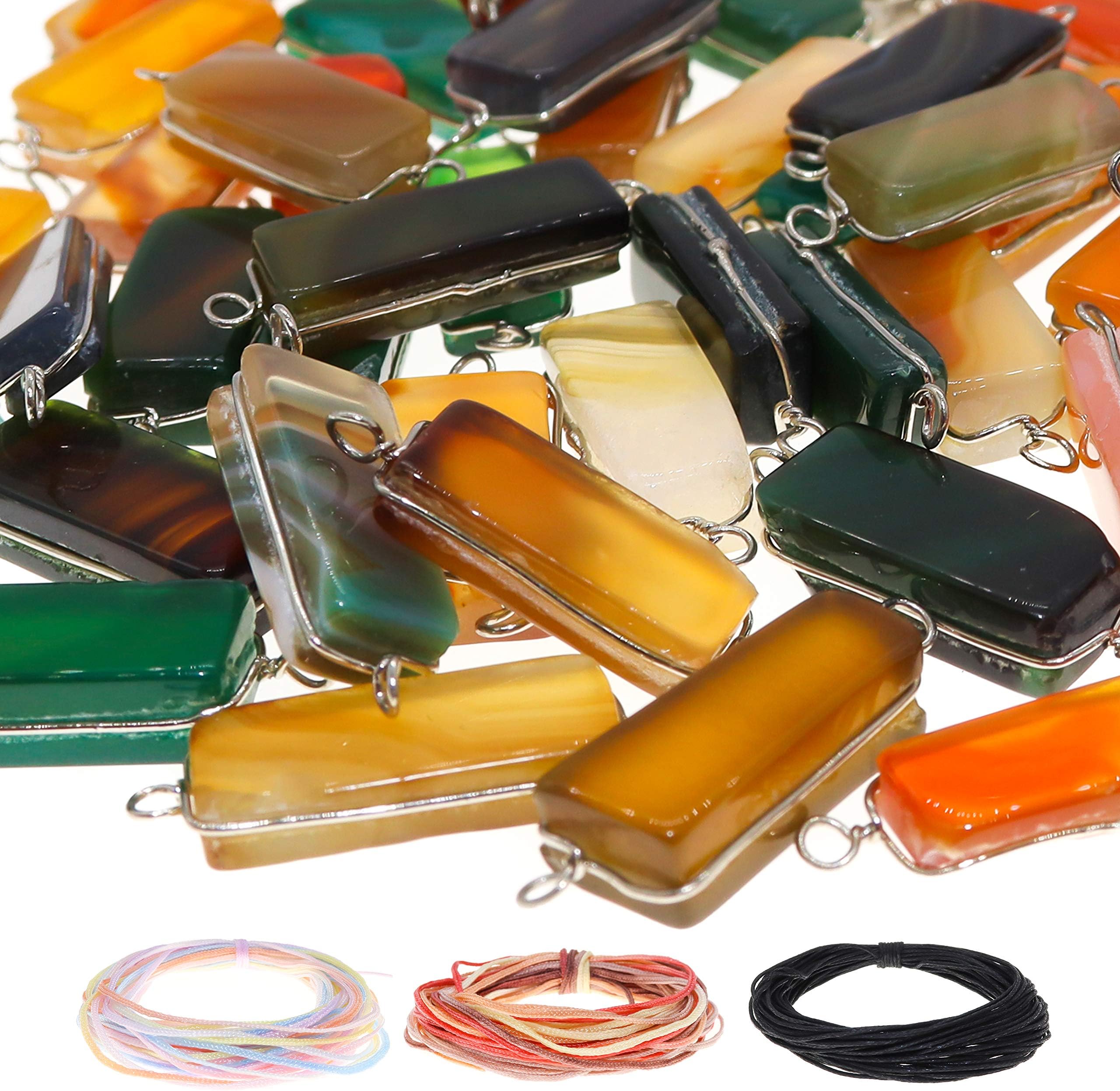 Fun-Weevz 24 PCS Agate Gemstone Charms for Jewelry Making Adults, Assorted Semi-Precious Stone Bead Pendants Kit, Includes 30m Cord (Semi Precious 1)