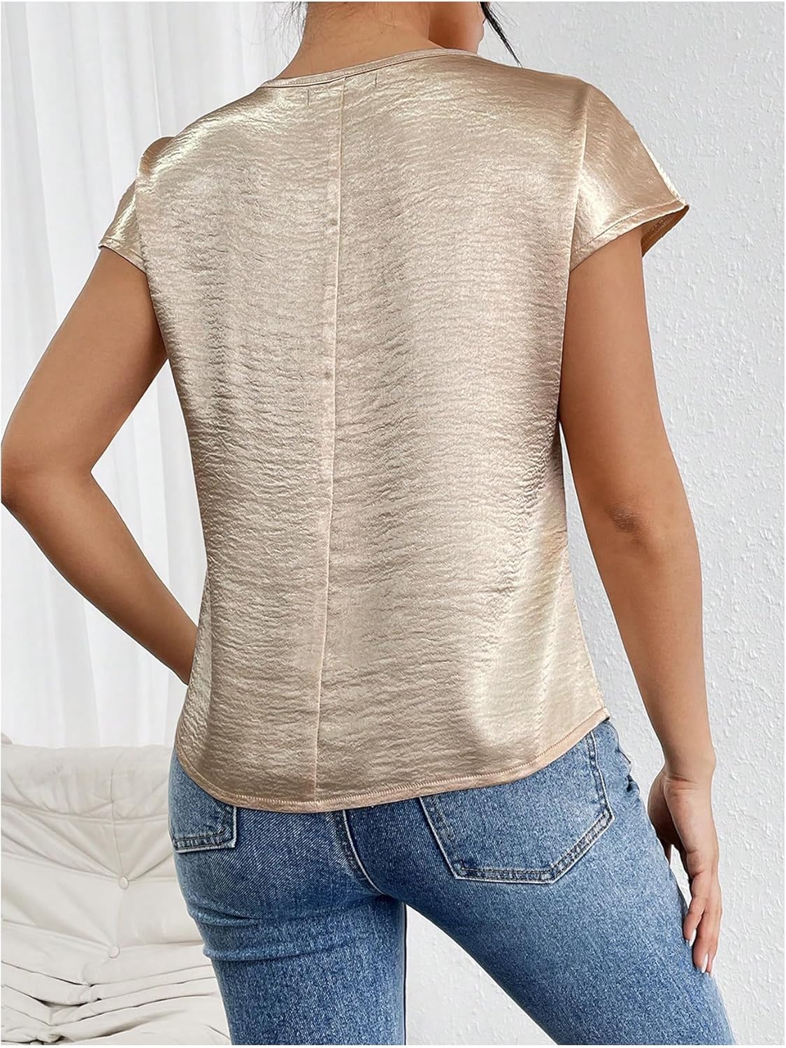 SweatyRocks Women's Crew Neck Satin Blouse Cap Short Sleeve Party Blouse Shirts Tops - Image 2
