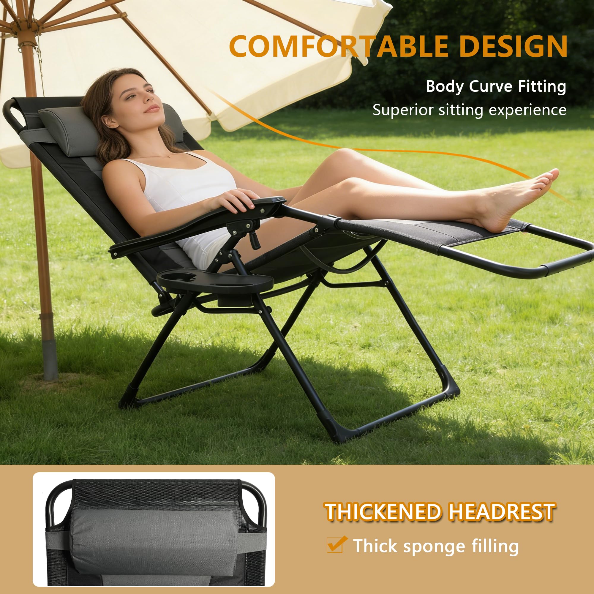 Sdraio da Giardino, Sedia Pieghevole Gravità Zero da Esterno con Portabicchieri e Poggiatesta Regolabile, Sdraio Lettino Prendisole, Poltrona Relax Reclinabile per Terrazzo Patio Balcone,grigio