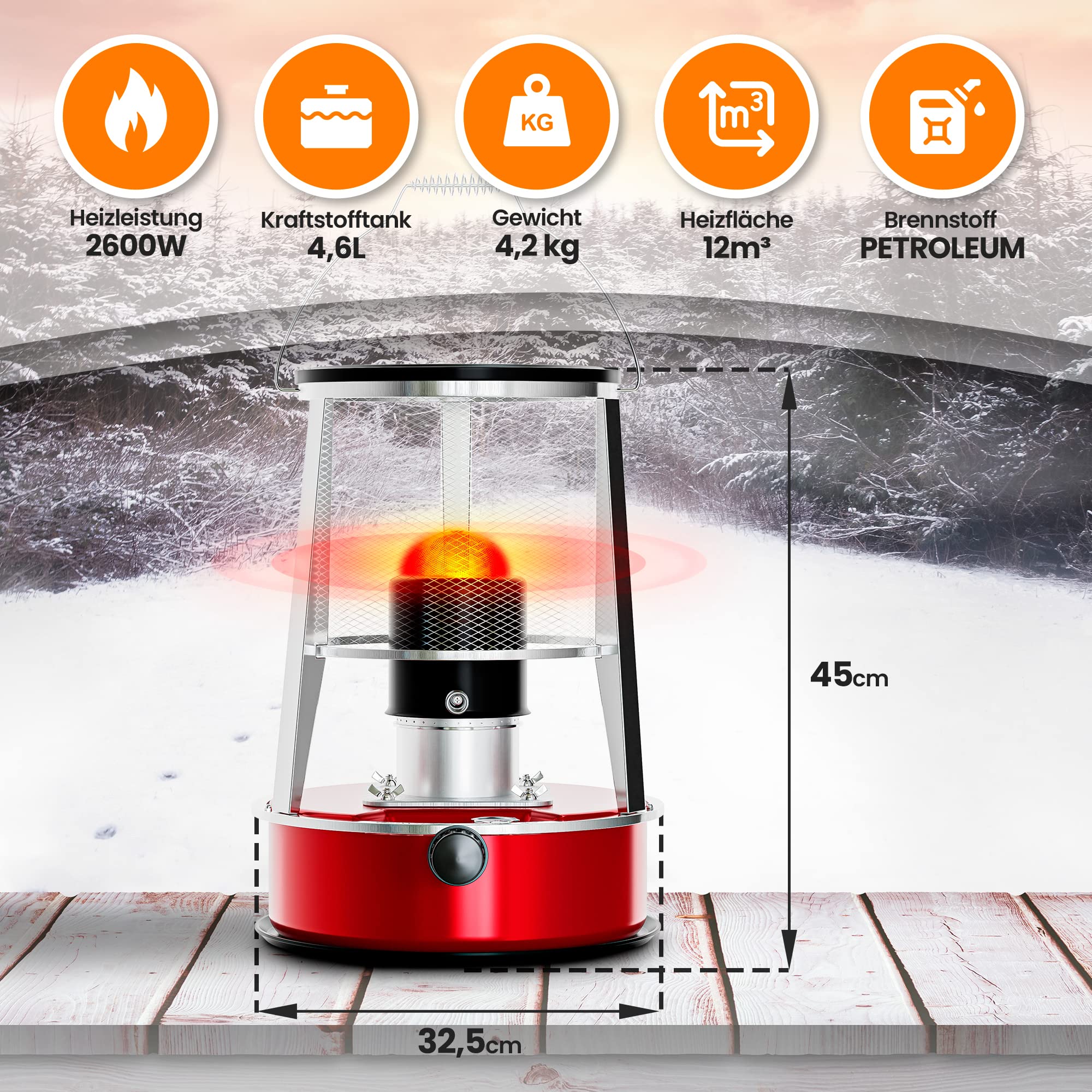 Extralink Aladdin, Tragbare Petroleumofen, Tankinhalt 4,6L, Heizleistung 2600W, Hält bis zu 18 Stunden lang warm, Petroleumheizung kann als Campingkocher verwendet werden, Zelt Heizung