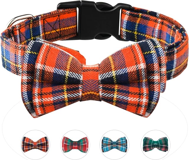 Dog Bow Tie, Funow Plaid Bow Tie Dog Collar Unique Buckle Soft Comfortable, Adjustable comfy Bowtie for Small Medium Large Dogs Cats Pets Durable Cotton Best Gift Cute Bowtie Detachable S Orange