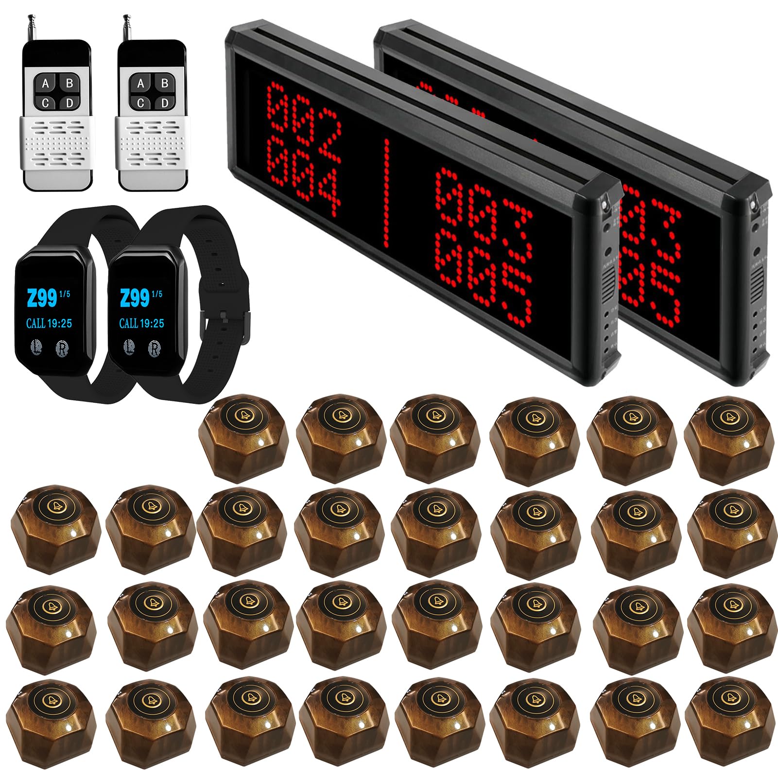 Restaurant Pager System 1600+ Feet Wireless Calling System with 2 Display Screen/2 Remote Control/2 Waterproof Watch Pagers/30 Call Buttons for Restaurant Customer Service