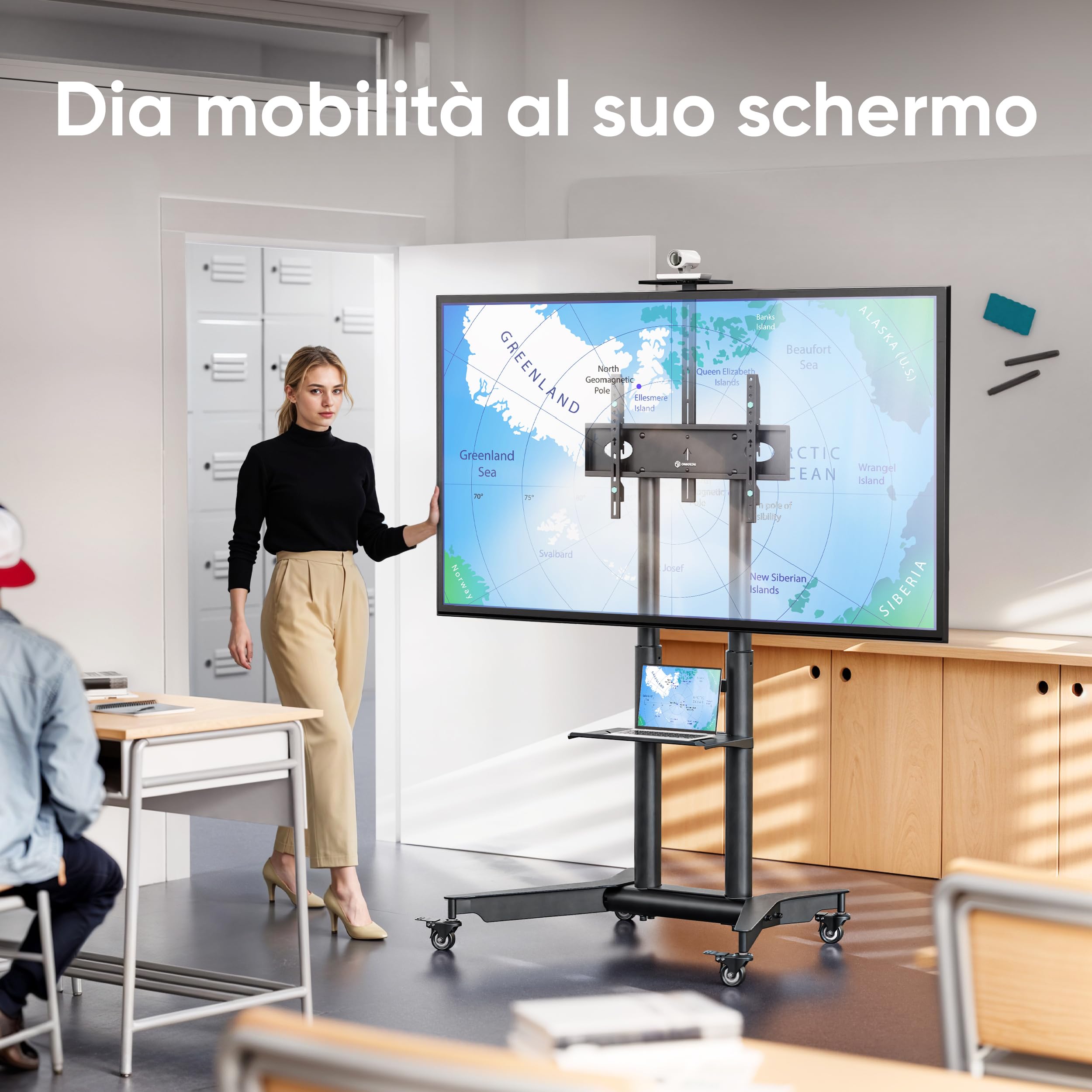 ONKRON Supporto TV con Ruote 32"-75", 50 kg, max VESA 600x400, TS1571-B | Carrello per TV nero, altezza 1065-1415 mm, ripiani AV e mensola per webcam, ruote bloccabili; per aule, eventi e riunioni