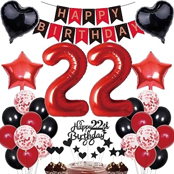 Birthday Decorations Women Gift for 22nd Birthday Cake Decoration Happy Birthday Banner Red Black Decoration Set 22 Years Party Balloons