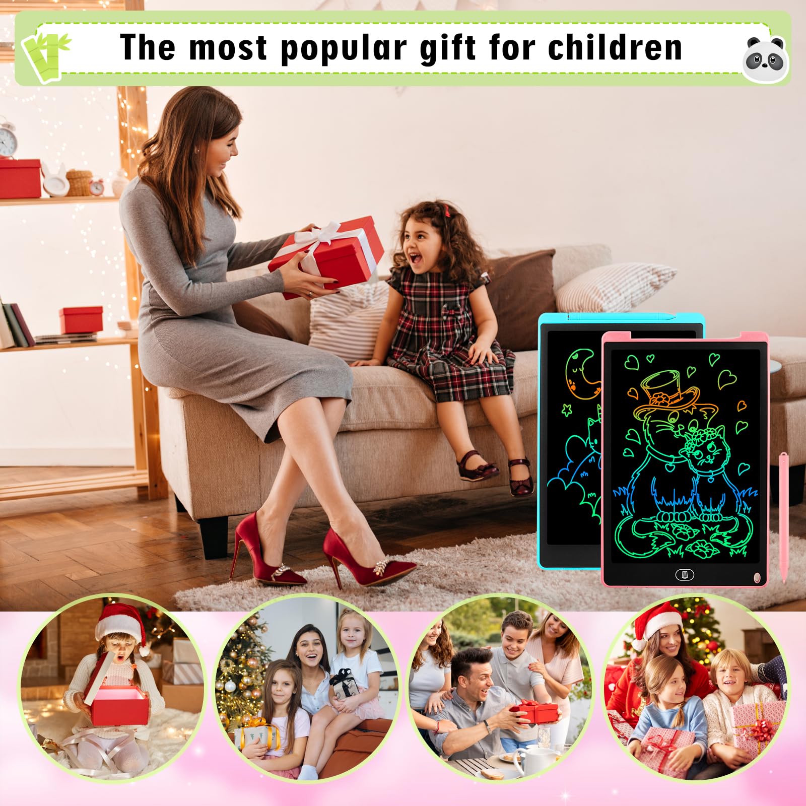 Damcyer 2 Pezzi Tavoletta Grafica LCD Scrittura 12 Pollici,LCD Tavoletta Grafica Bambini con Schermo Colorato,Taccuino Cancellabile con Adesivi Animali,per Ragazzi e Ragazze di età 3 4 5 6,Blu+Rosa