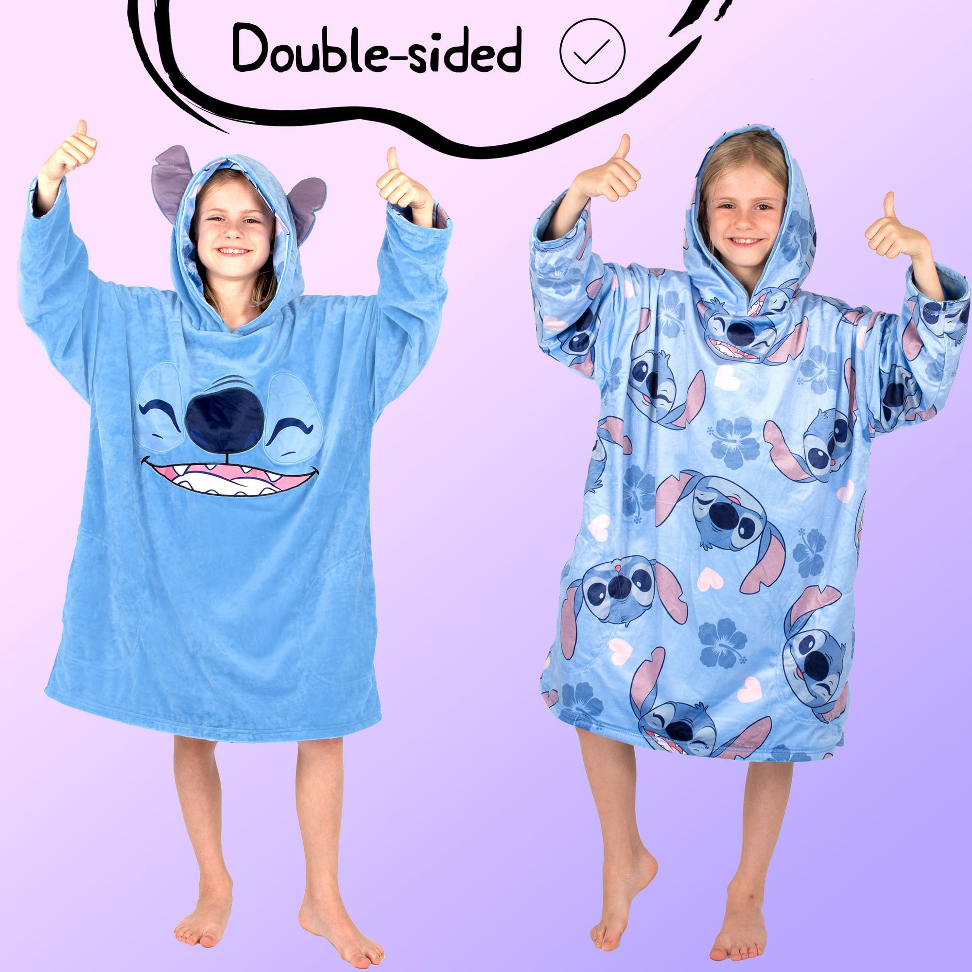 Disney Stitch - Manta reversible con capucha de gran tamaño para niños, súper suave, de doble cara, forro polar, regalo para niñas, talla única, color azul