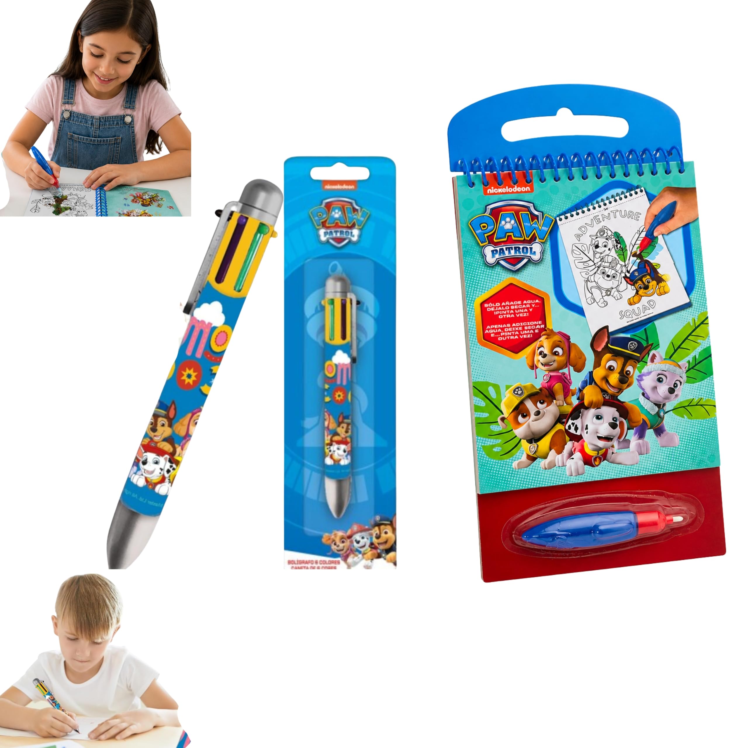 SRV Hub Paw Patrol Aqua Magic Water Colouring Book & 6 Colour Retractable Ballpoint Pen Bundle, Spiral Bound, 8 Pages, Fine Point 0.5mm, Kids School Gift Set 3+