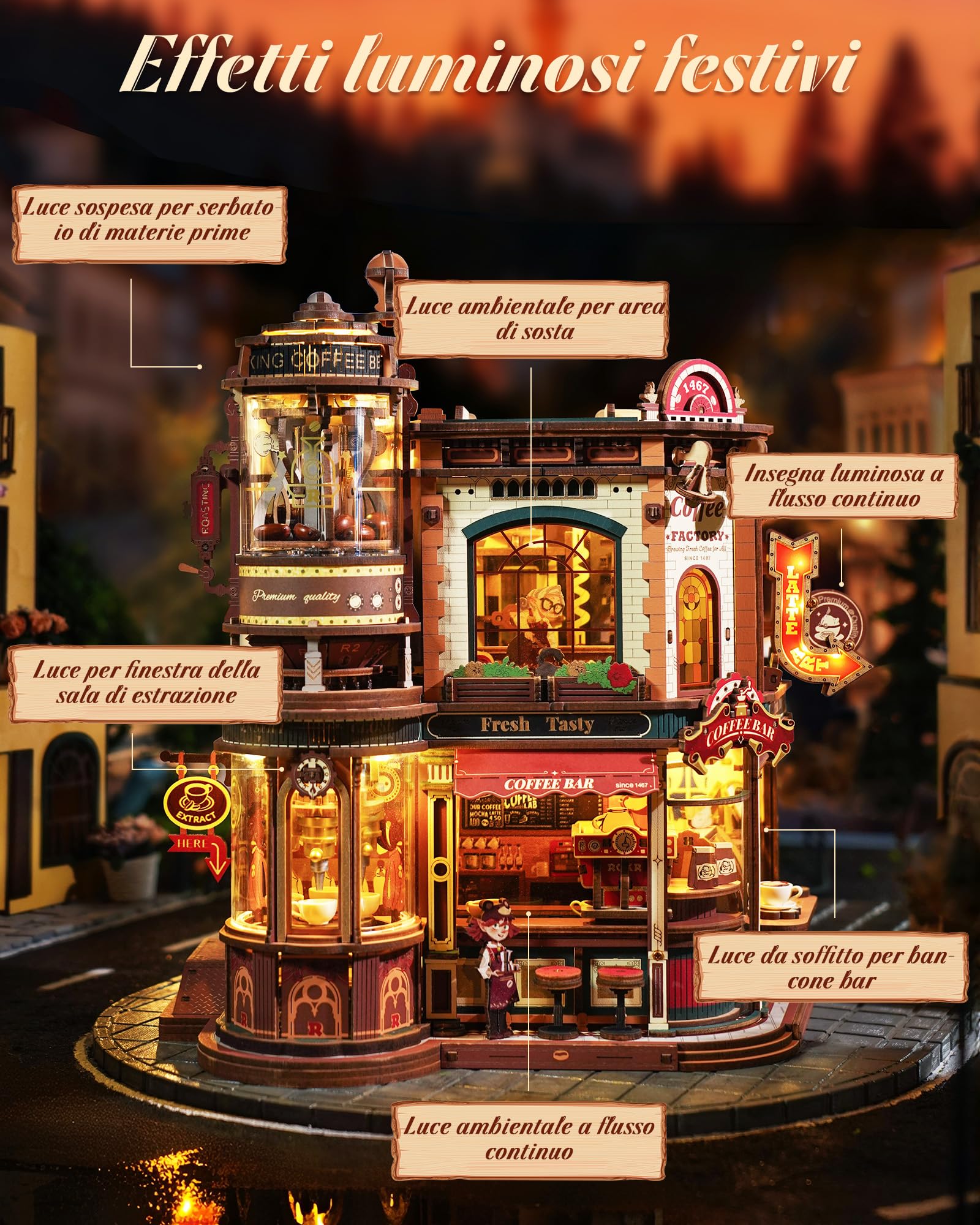 ROKR Dream Coffee Factory EAB02 Casa delle Bambole Miniatura DIY con Carillon per Adulti, Modello Meccanico con Parti Mobili, Luci LED e Musica Jazz, Regalo Creativa