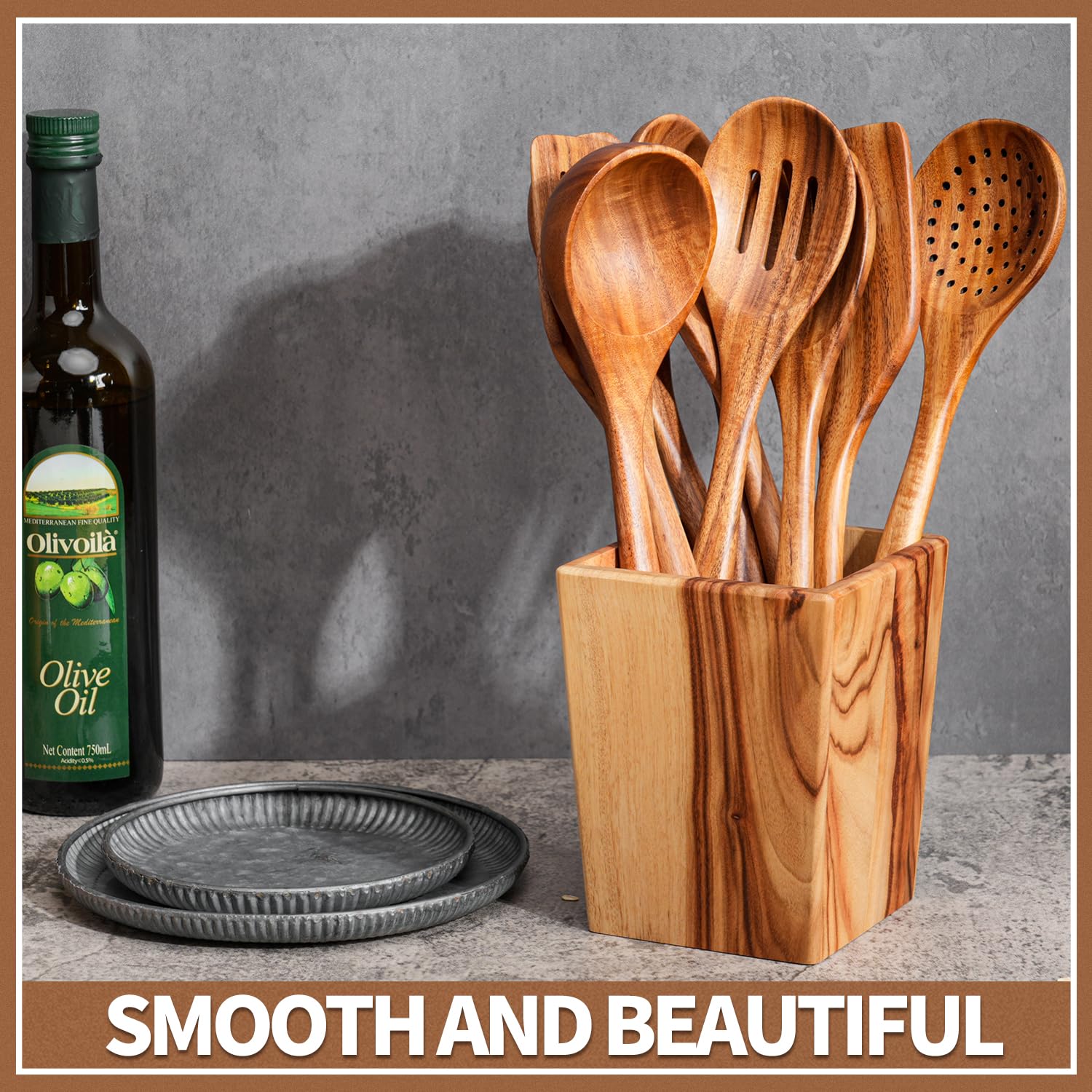 Gudamaye 33 cm lange Holzlöffel zum Kochen, 9-teiliges Küchenhelfer-Set aus natürlichem Teakholz, Küchenhelfer-Set mit Utensilienhalter, aus australischem Kampfer-Lorbeerholz, Holzutensilien zum