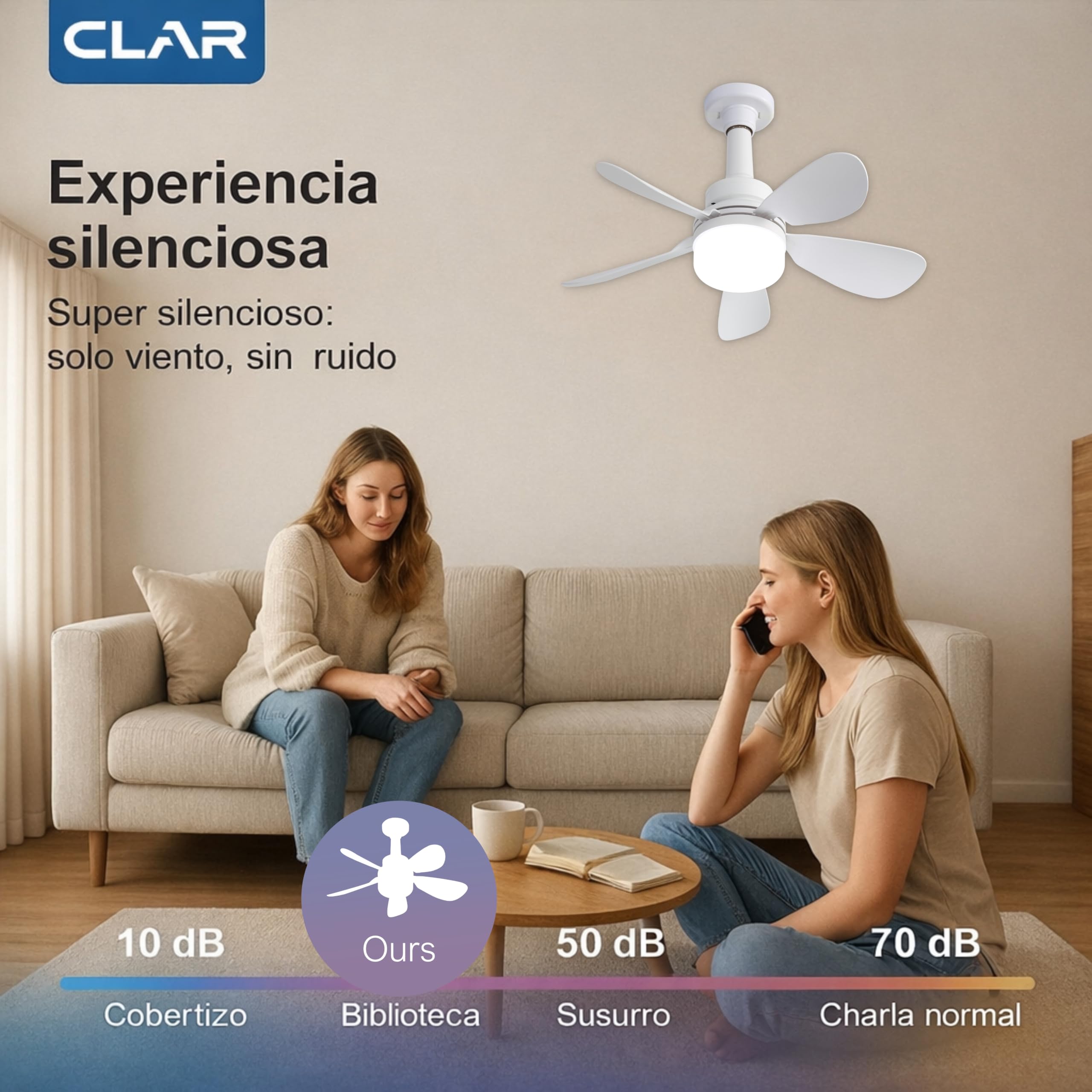 CLAR - Ventilador De Techo Con Luz, Ventilador Techo Habitación Pequeña, Ventilador De Techo Pequeño, Ceiling Fan With Light