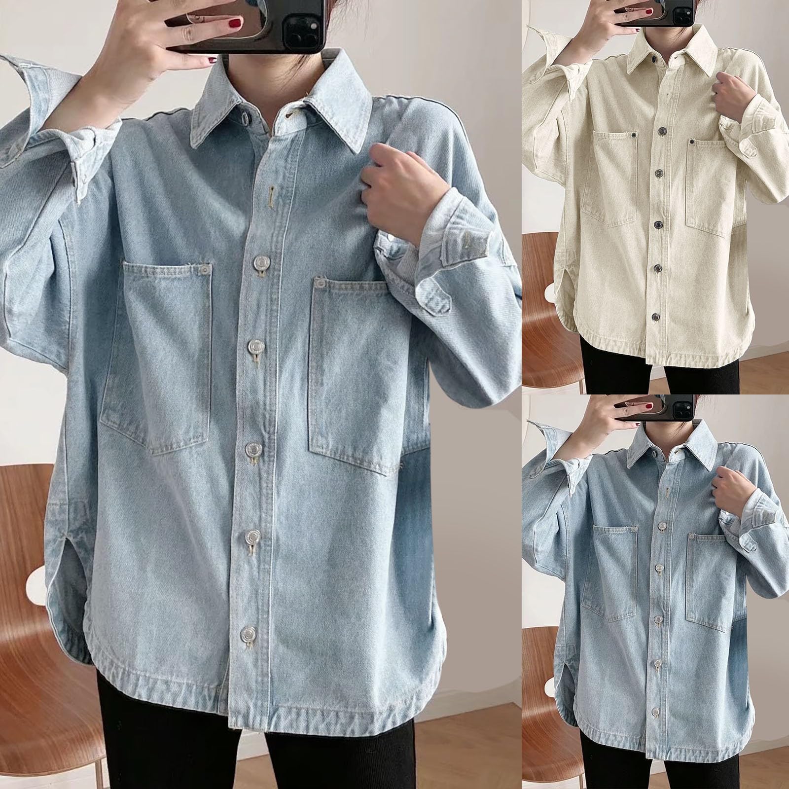 Blusa vaquera para mujer, larga, oversize con bolsillos en el pecho, parte superior con botones, manga larga, chaqueta vaquera, camisa vaquera, camisa vaquera, camisa vaquera, camisa vaquera, camisa