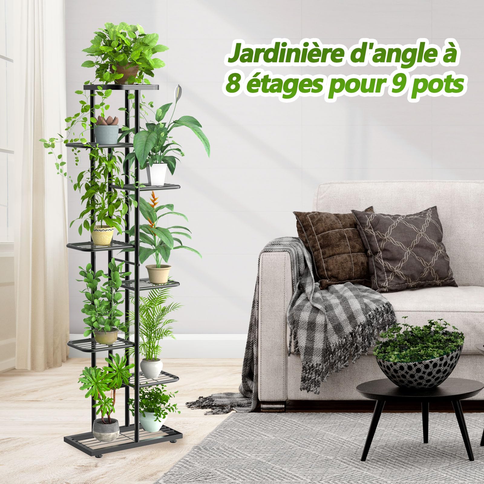 Support pour Plantes à 8 Niveaux avec Outils de Jardinage et Gants, 141cm Porte Plante Interieur en Métal pour Plusieurs Plantes, Étagère Plante Étagère à Fleurs pour Balcon Jardin, Noir