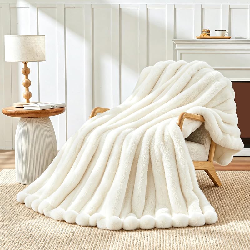Faux Rabbit Fur Throw Blanket for Couch,Soft Fluffy Cream White | Striped Blanket for Sofa Bedroom Living Room, Home Decor Gifts,Ultra Soft Plush Blanket for Women Birthday Gifts