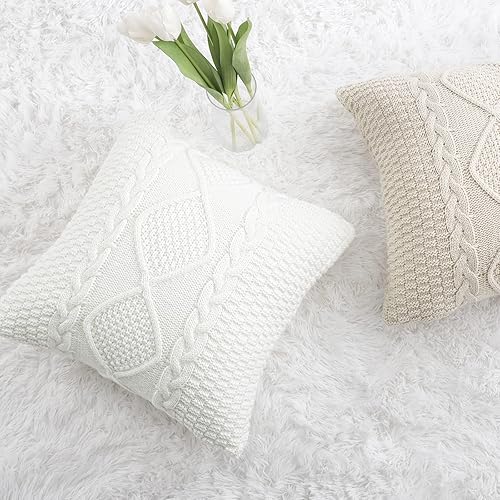 Miniatura 6 de MANDIOO Fundas de almohada decorativas de algodón de punto blanco crema, fundas de cojín suaves y acogedoras para exteriores, fundas de almohada