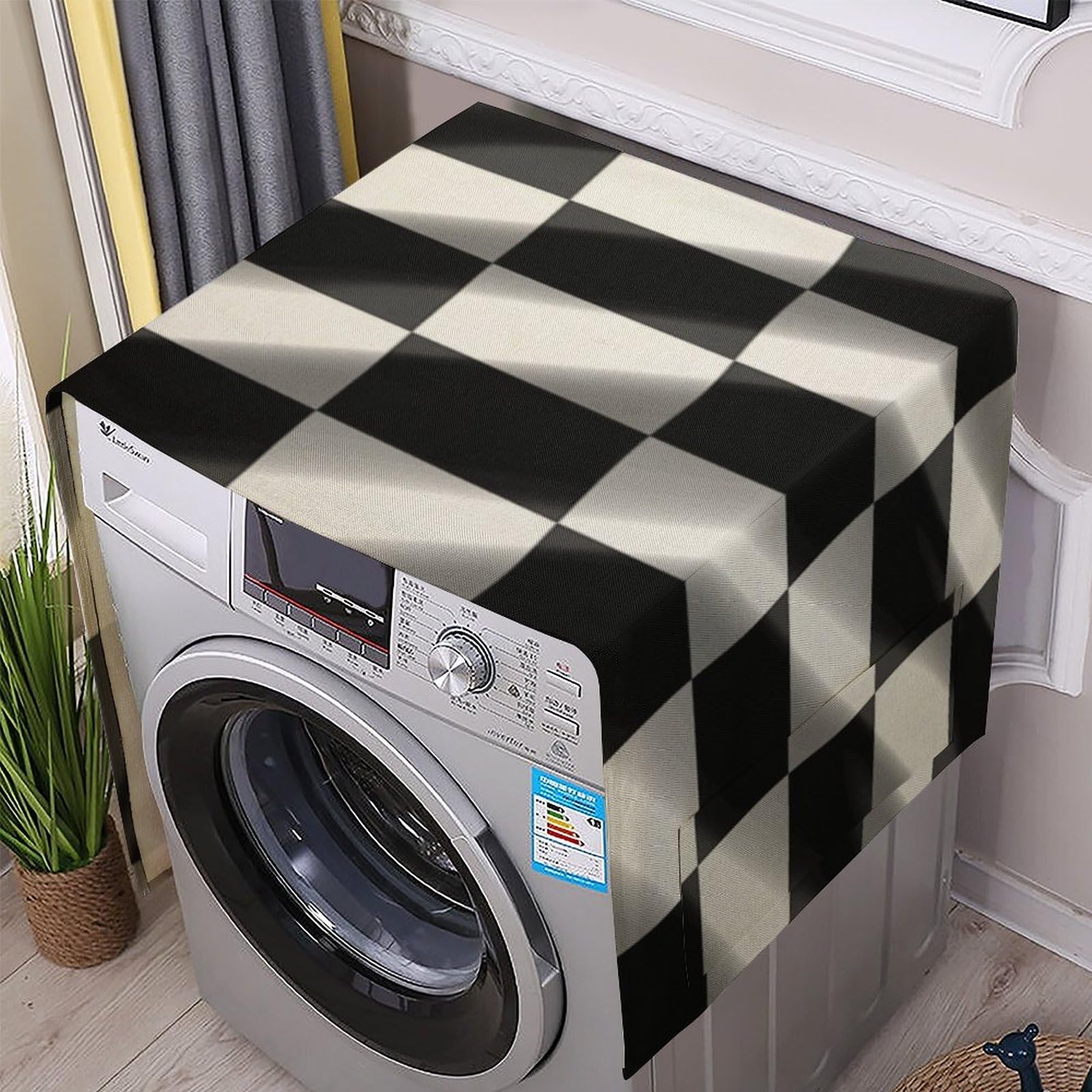 Fodpand White Washing Machine Cover For Top Load Dustproof Checkerboard Washer And Dryer Cover With Storage Pockets Household Appliance Covers Washable Top Protector Mat Pad For Laundry & Kitchen