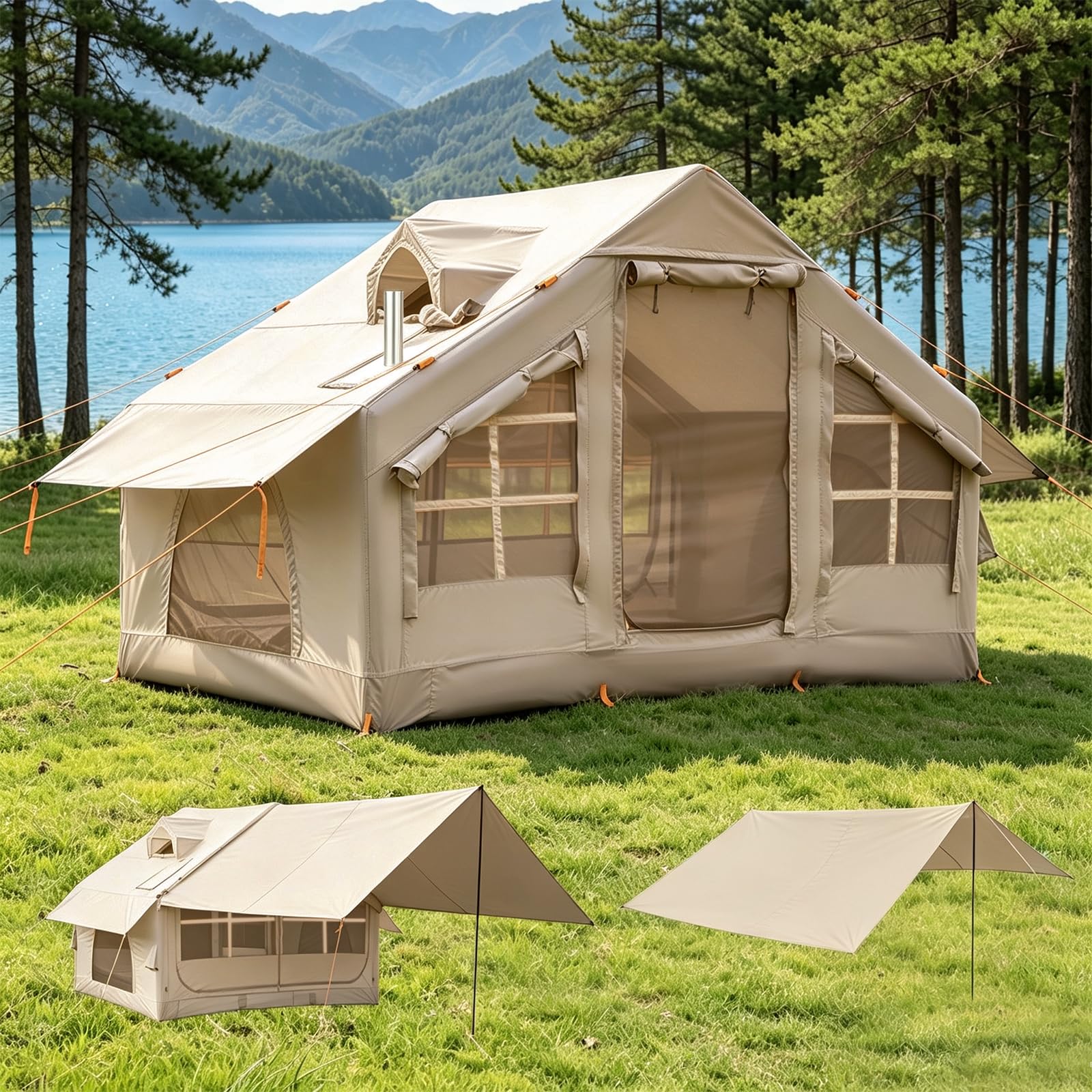 Inflatable Camping Tent 2/4/6 Person, Fast 5-Min Inflate with Hand Pump, Waterproof UV Resistant PVC Blow Up Glamping Tent with Special Shaped Rainproof Breathable Window for Family Weekend Trip
