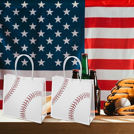 MIMIND 30 Pieces Baseball Gift Bags Baseball Party Favor Goodie Bags with Handles 8 x 8 x 3.15 Inch, Clear PVC Bags Sport Theme Treat Bag for Sports Team Birthday Holiday Party Supplies