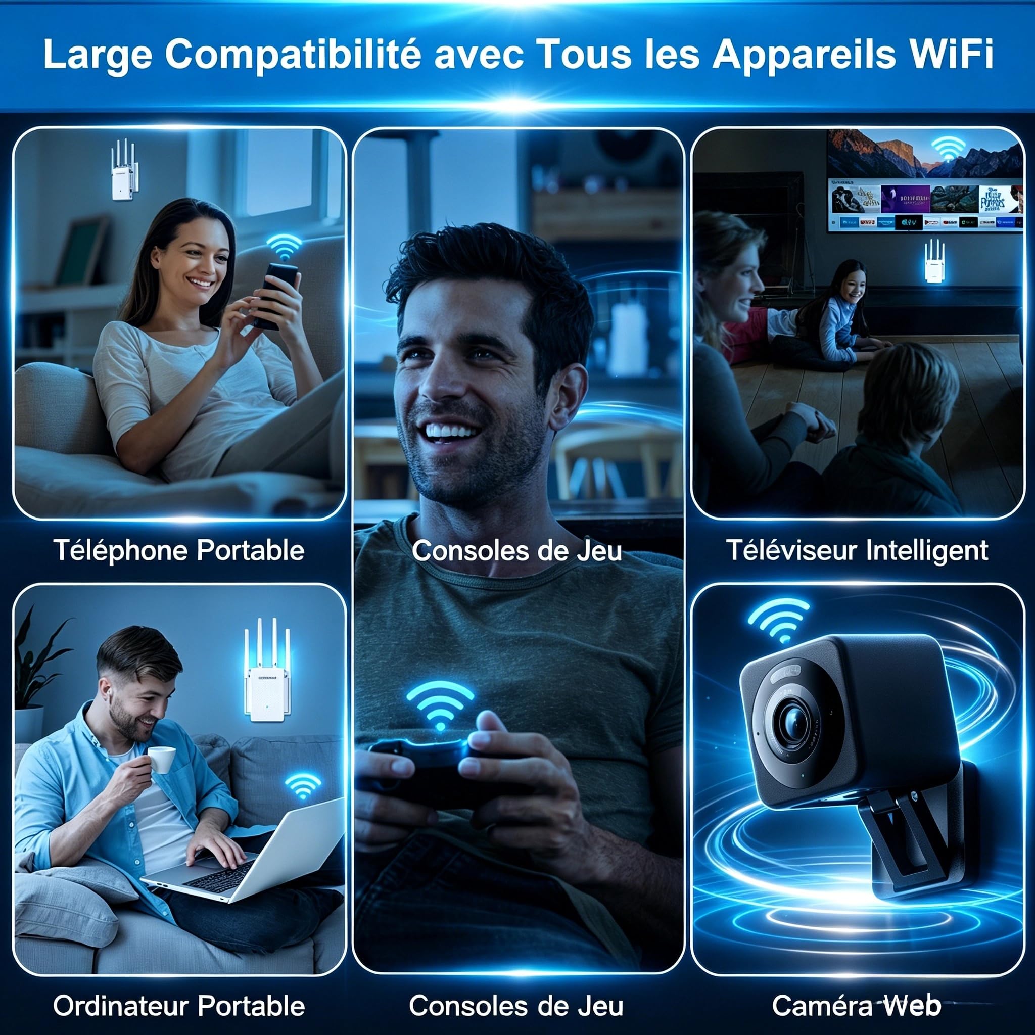 COMFAST Répéteur WiFi AC1200 Mbps, Amplificateur WiFi Puissant Double Bande avec 4 Antennes Haut Gain, Couverture 360°, Configuration WPS One-Touch, Port LAN, Compatible Toutes Les Box Internet