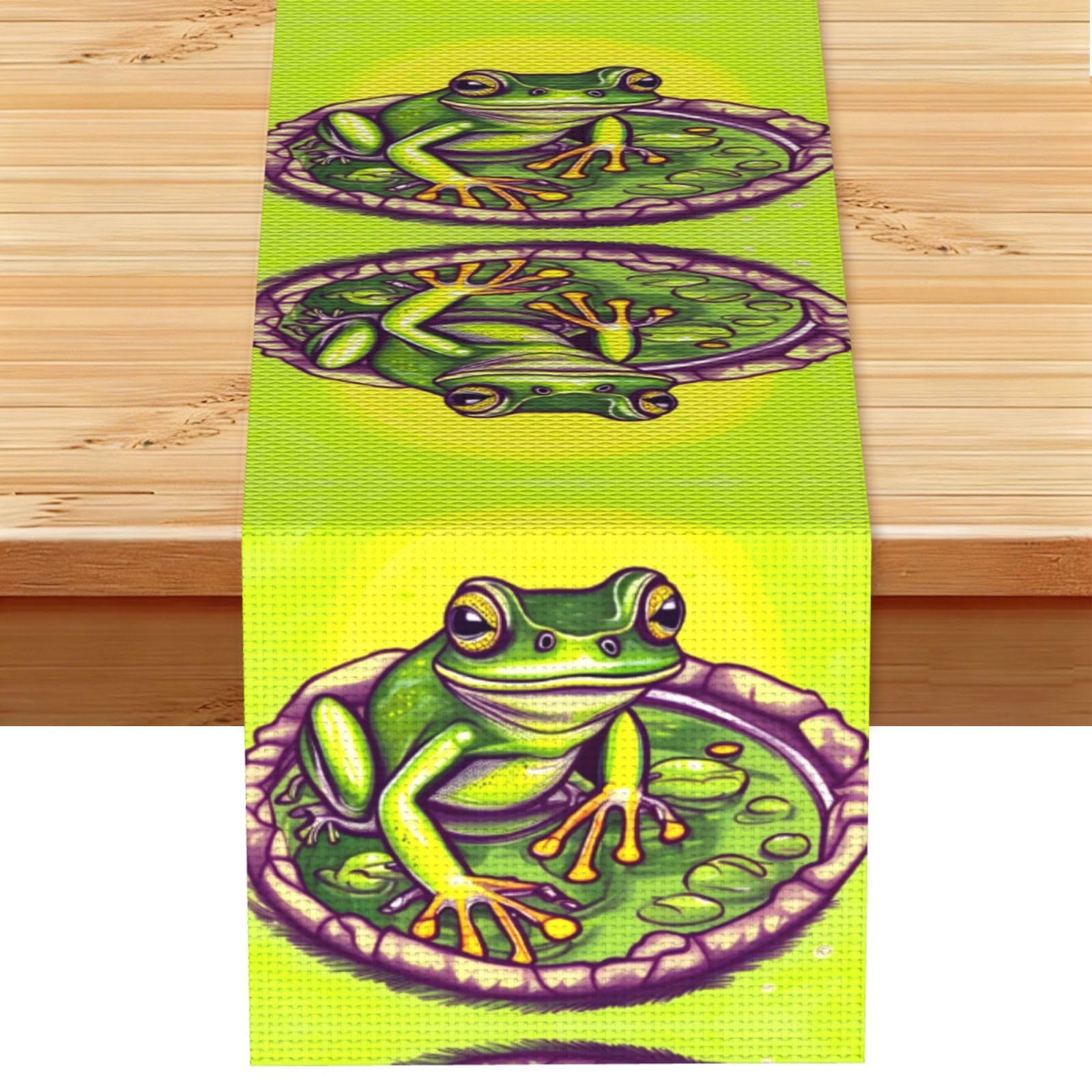 Frog in a pond Linen Look Table Runner 13x72-Wrinkle Resistant Farmhouse Style for Dining Table Decor