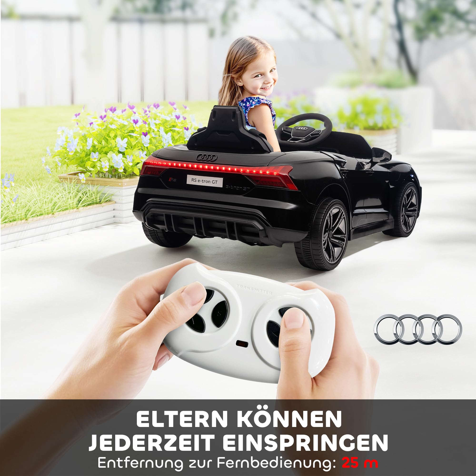 HOMCOM Kinder Elektroauto Audi RS E-tron GT 12V Kinderauto 2 Motor Schwarz | 2,4 GHz Fernbedienung, Hupe, LED, Musik, Sanftstart, Hilfsrad, für 3-5 Jahre Kinder