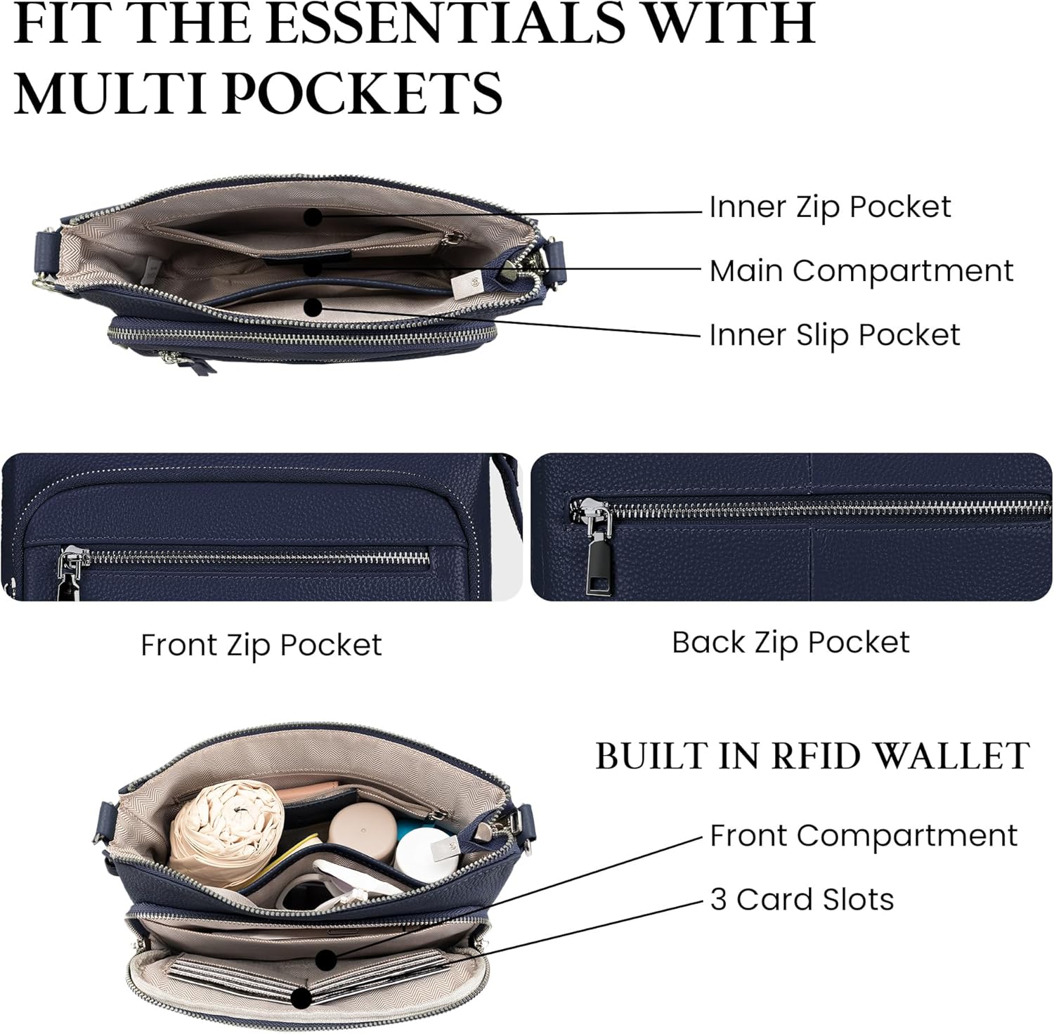 befen Genuine Leather Crossbody Bags for Women Medium Size RFID Blocking Leather Purse for Women with Multi Zip Pockets - Image 4