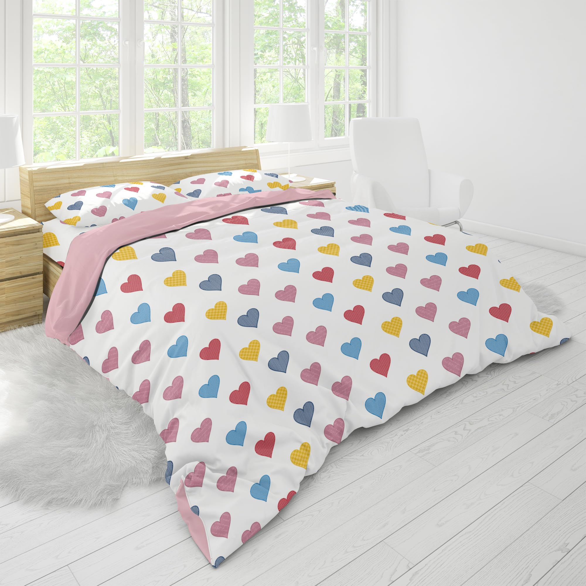 Peripus Duvet Cover Queen Size Bedding Sets – 4 Piece Machine Wash Bed Set with 1 Duvet Cover, 1 Bed Sheet & 2 Pillow Case, Polyester Fabric for All Seasons (Colorful Love Heart)