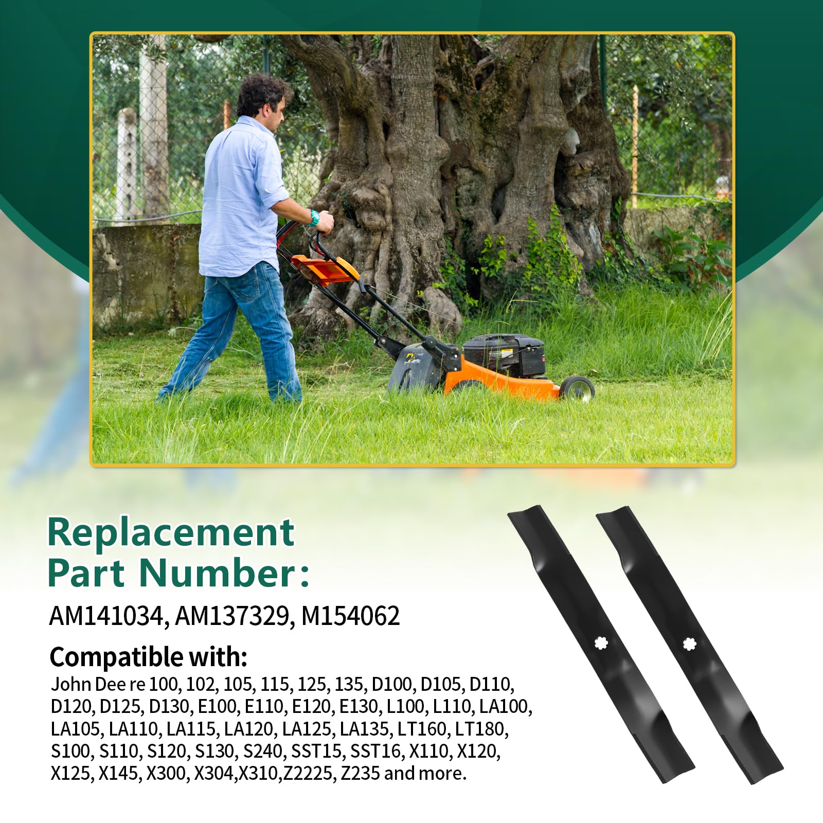 AM141034 M154062 AM137329 - Cuchilla de cortacésped de alta resistencia, compatible con John Dee re D110 X300 X304 LA120 LT160 SST15 Z225 John Dee re JD 100 1025 105 115 125 135 (paquete de