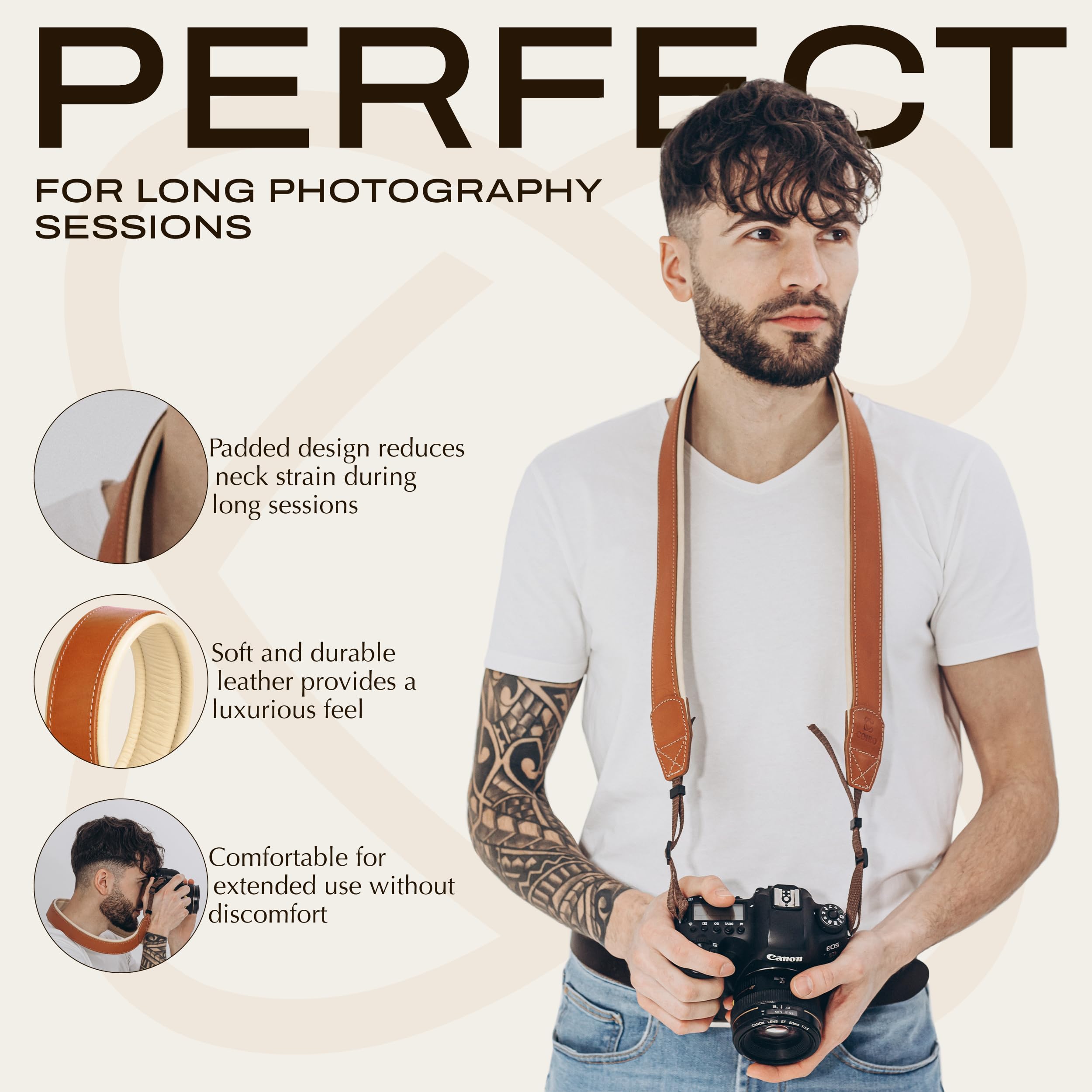 C Coiro Padded Genuine Leather Camera Strap, Shoulder Strap or Neck Strap for DSLR/SLR, Tan