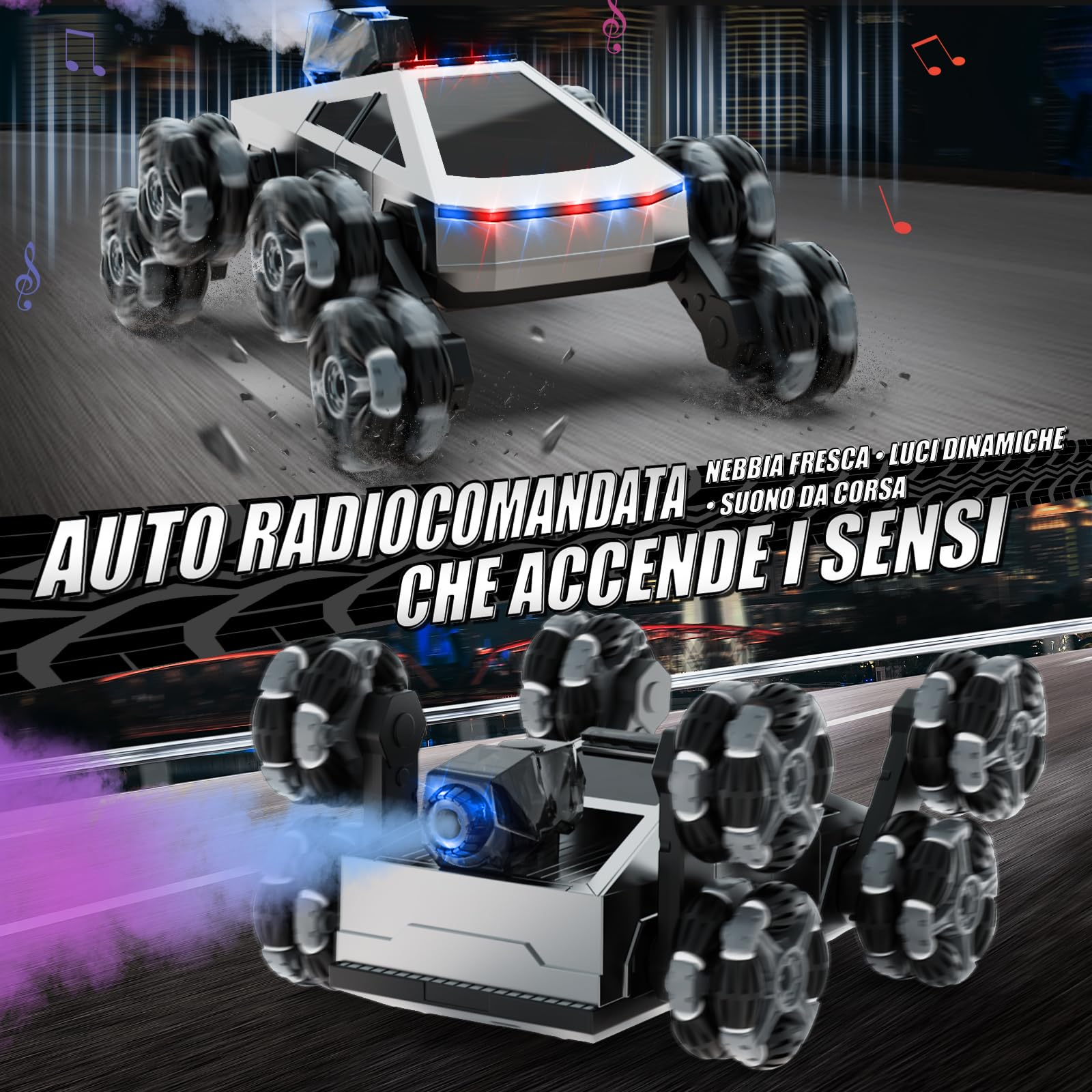 Macchina Telecomandata RC 8 Ruote Acrobatica, Veicolo Fuoristrada con Telecomando & Controllo Manuale, Luci LED, Musica, Spray, Giocattolo Bambini 5-11 Anni, Regalo di Natale per Ragazzi Ragazze