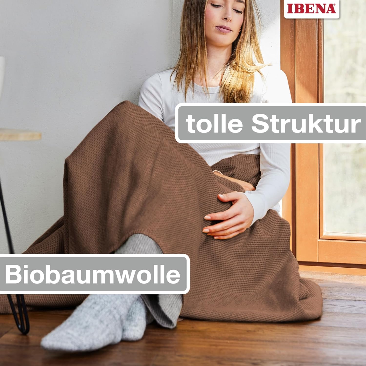 IBENA Charlotte Organic Knitted Blanket 140 x 200 cm 100% Cotton Made in Germany Cotton Blanket with Structure (Brown)