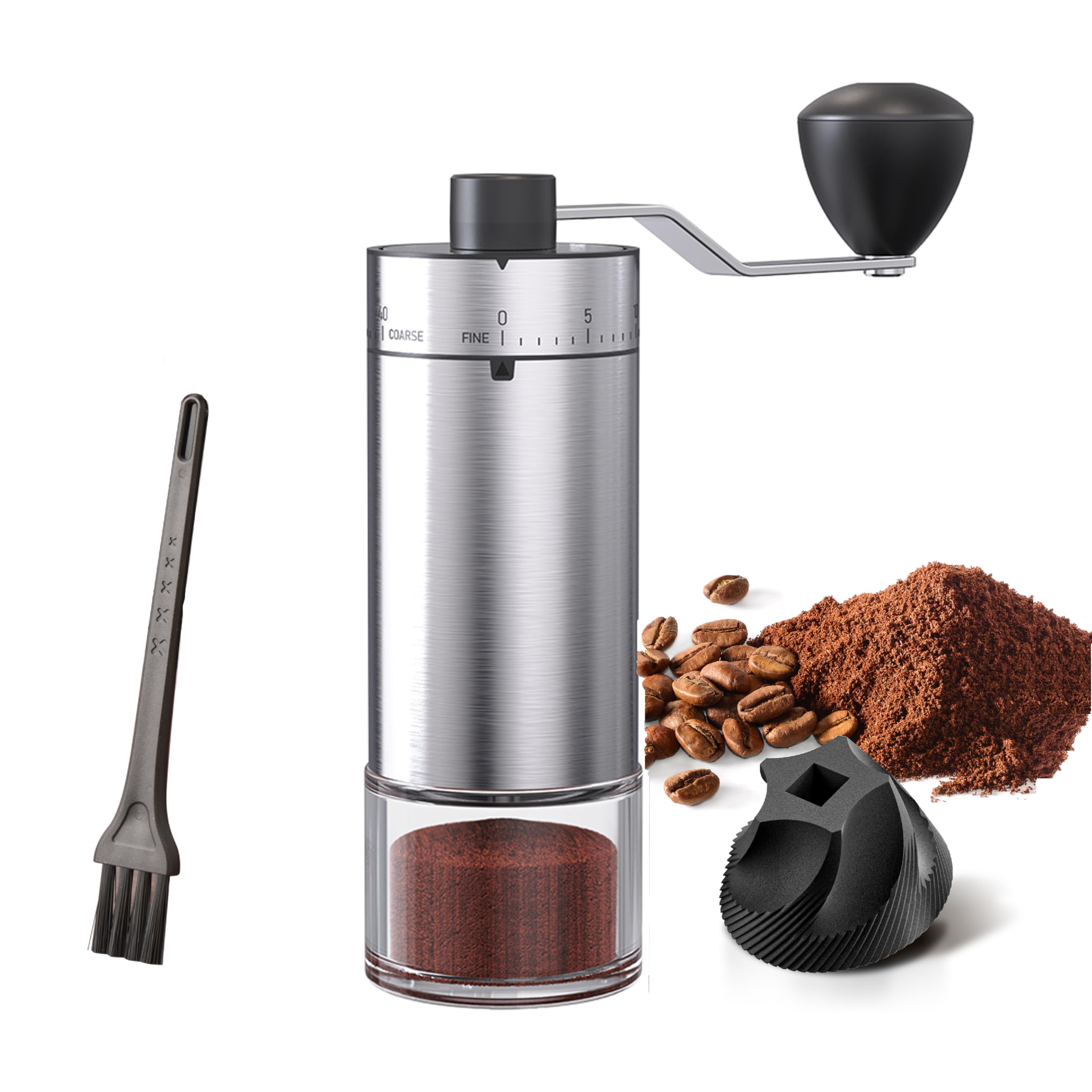 Macinacaffè portatile a forma conica per espresso e francese, con doppio cuscinetto, capacità di regolazione interna, 25 g (argento e ceramica)