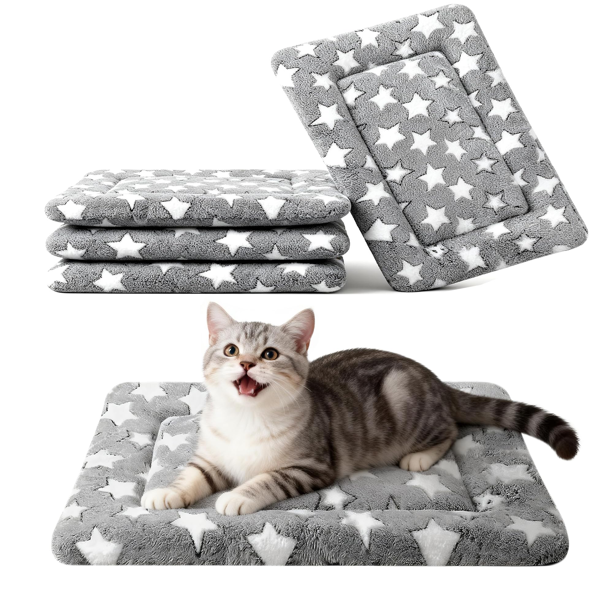 Fogkiss Dog Crate Mat, 4 Piece Reversible Pet Bed, Polyester, Machine Washable, Small Dogs & Cats, Rectangular (Gray Star, 18" L x 14" W x 1.5Th) - crates houses and pens | Mubboo