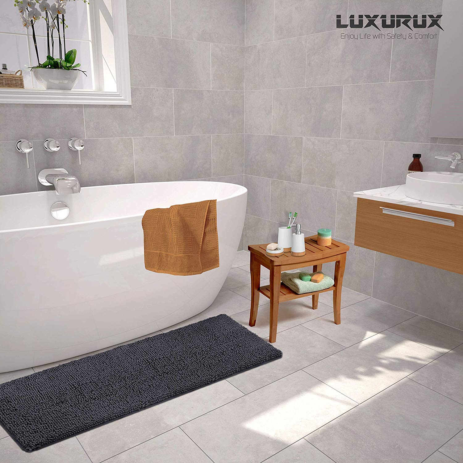 LuxUrux Bathroom Rugs Luxury Chenille 2-Piece Bath Mat Set, Mustard