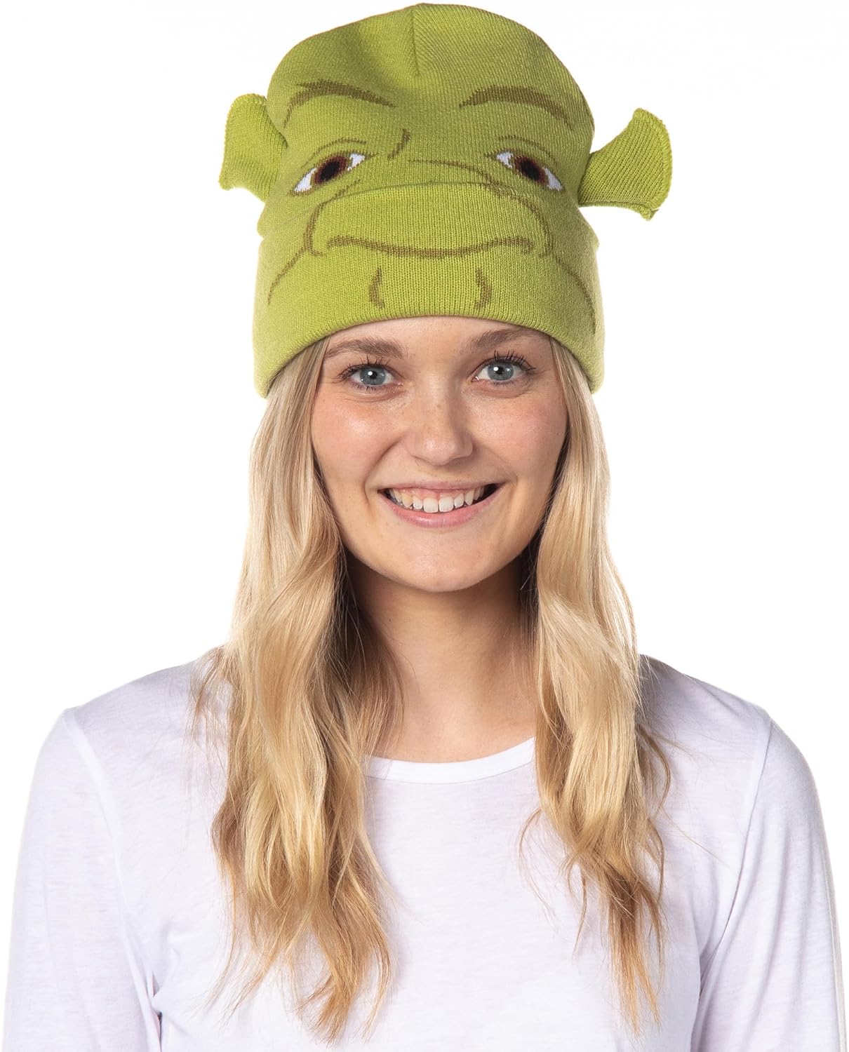 Bioworld Shrek Costume Beanie Green Ogre Character Face Cuff Knit Beanie Hat w/ 3D Ears - Image 5
