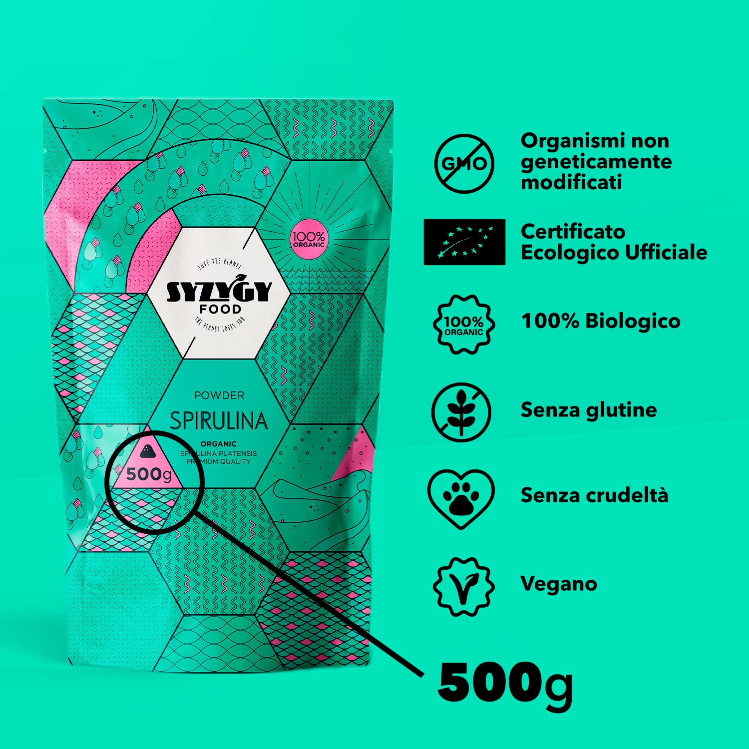 SYZYGY FOOD - Spirulina Bio Certificata in Polvere - 500g - Massima Purezza 100% BIO Alga Spirulina - Detox - Proteine Vegane - Ferro - Mineali - Vegano