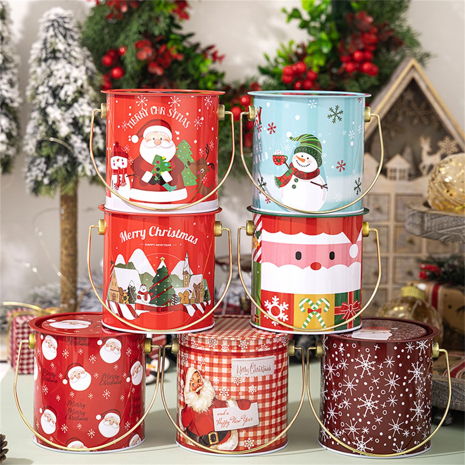 HUANGANG 2pcs Christmas Treat Container With Carry Handle Handheld Tinplate Round Bucket Sweets Tins Candies Storage Organizers