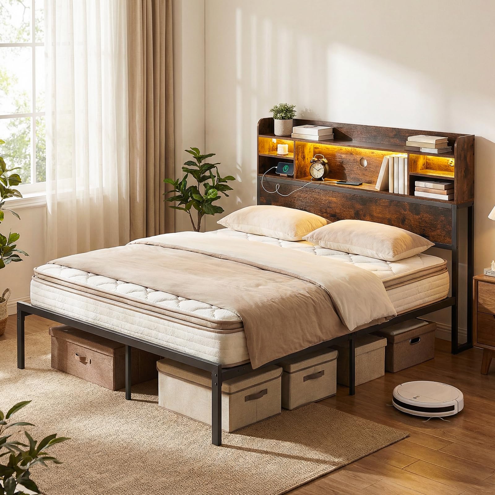 COSTWAY Double/King Size Bed Frame with LED Lights, Charging Station, Storage Headboard and Underbed Space, Industrial Rustic Metal Slats Support Platform Bed Base Mattress Foundation (5FT King)