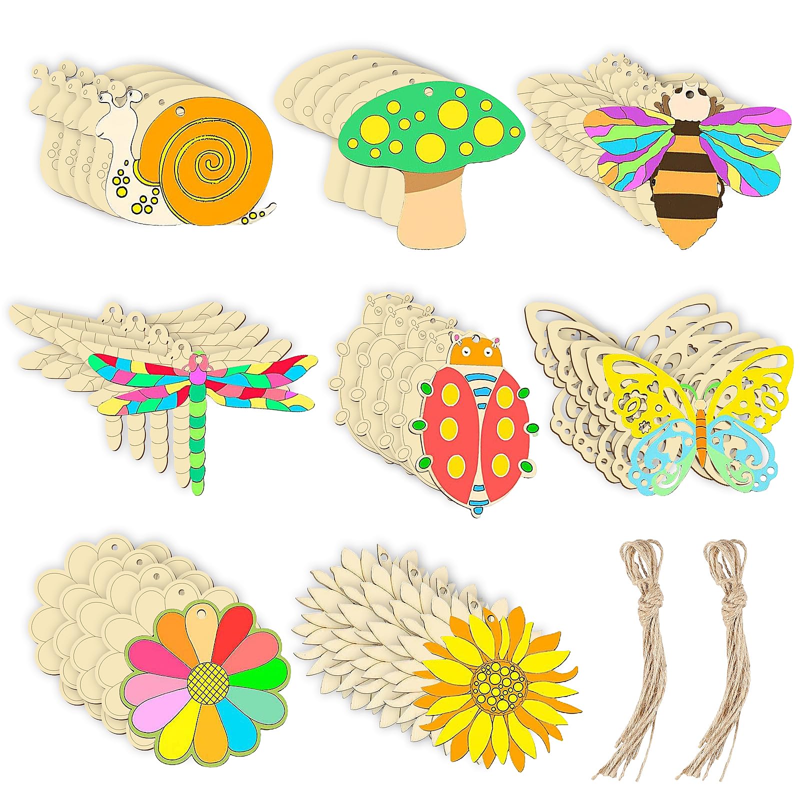 40PCS Wooden Craft Shapes, Wooden Mushrooms Flower Shapes Unfinished Wood Cutouts with Hole Woodens Ornaments Woodens Discs for Painting DIY Projects Craft Party Decoration