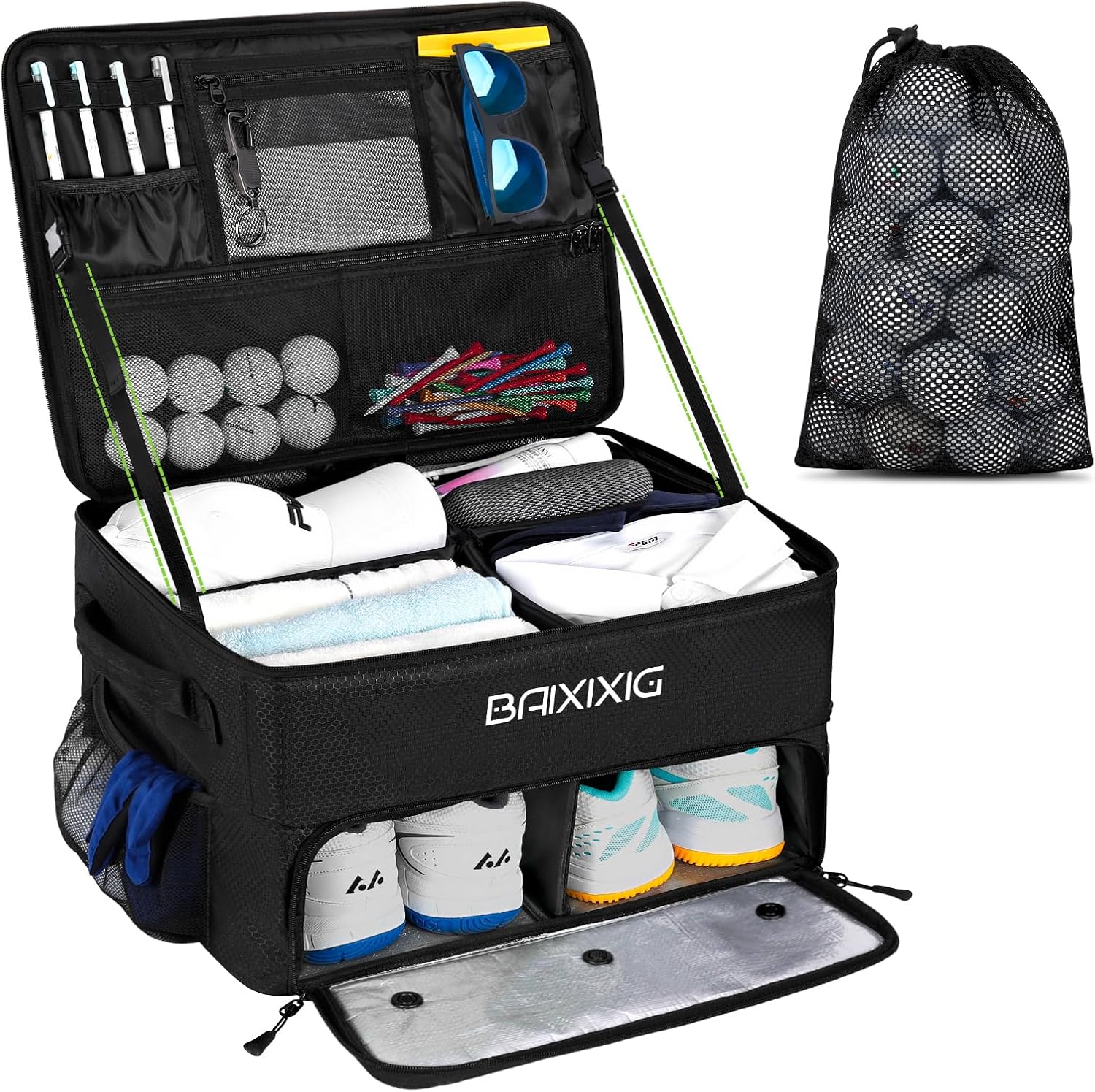Golf Trunk Organizer, Waterproof Car Golf Locker with Separate Ventilated Compartment for 2 Pair Shoes, Golf Storage for Balls, Tees, Cap, Clothes, Gloves, Accessories, Gifts for Men, Women