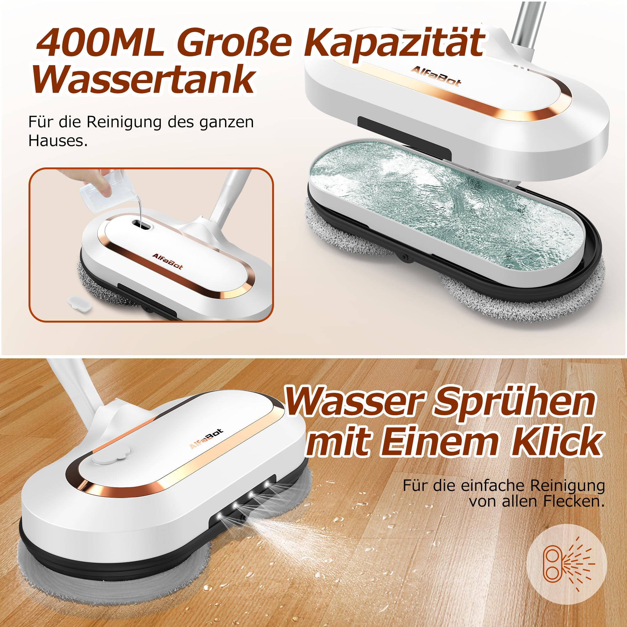 AlfaBot S2 Kabellos Elektrischer Mopp, bodenreiniger Spin Mop, Elektrischer Mop mit Sprühfunktion und LED, Bodenwischer zum Wischen, Schrubben und Polieren